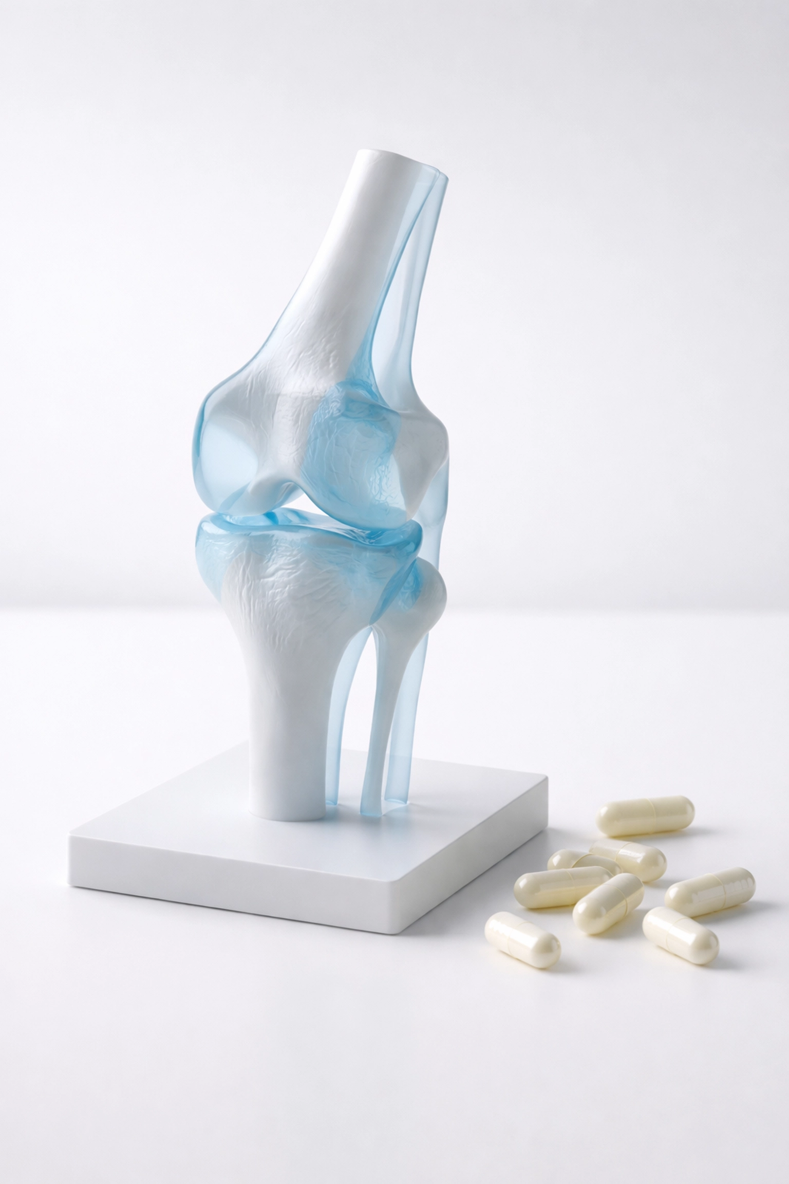 Minimalistic photo of a knee joint anatomical model with glucosamine capsules, showing cartilage protection for joint pain prevention