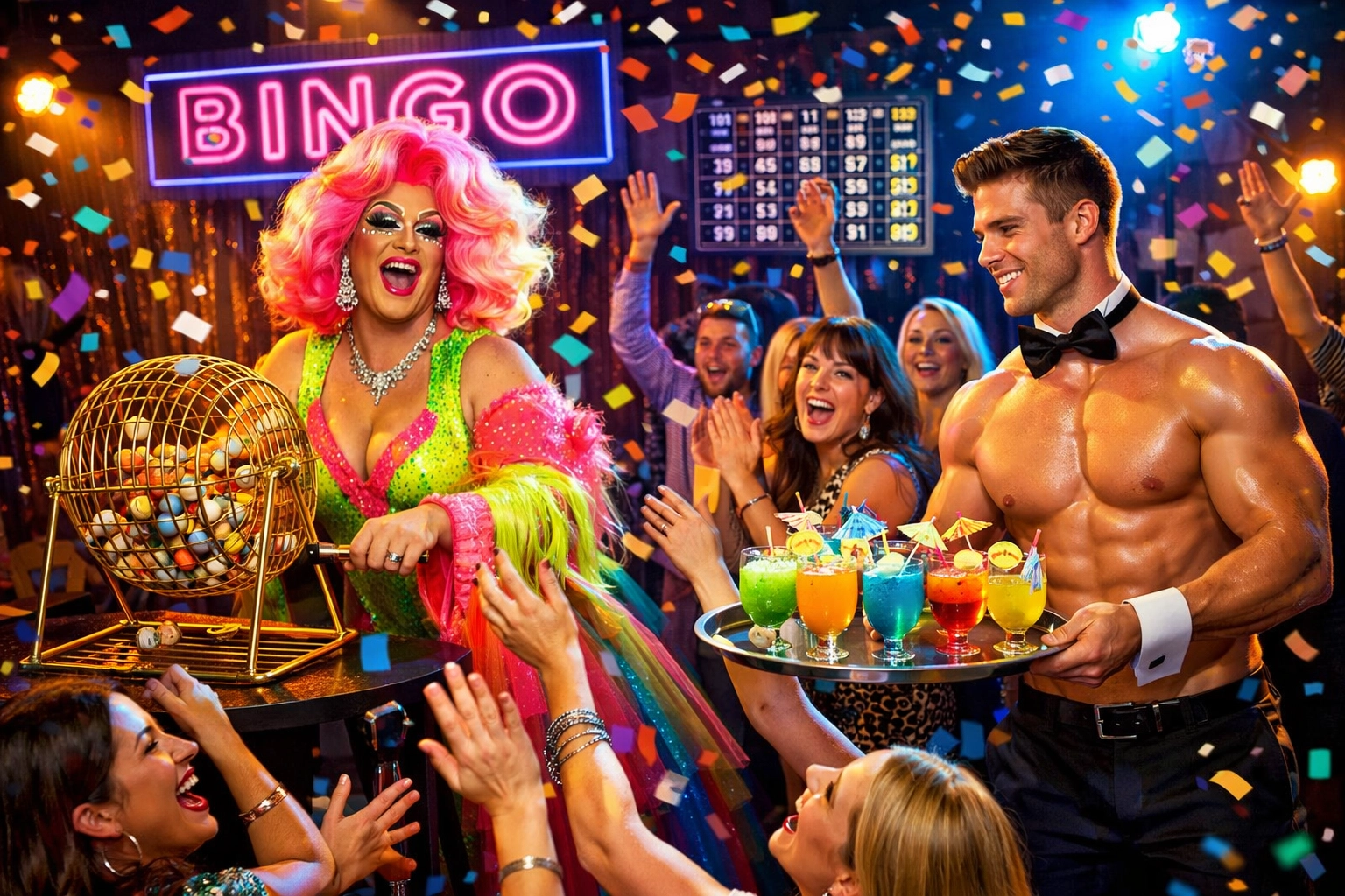 High-energy drag bingo party in Brighton featuring a drag queen host and buff butler serving drinks.
