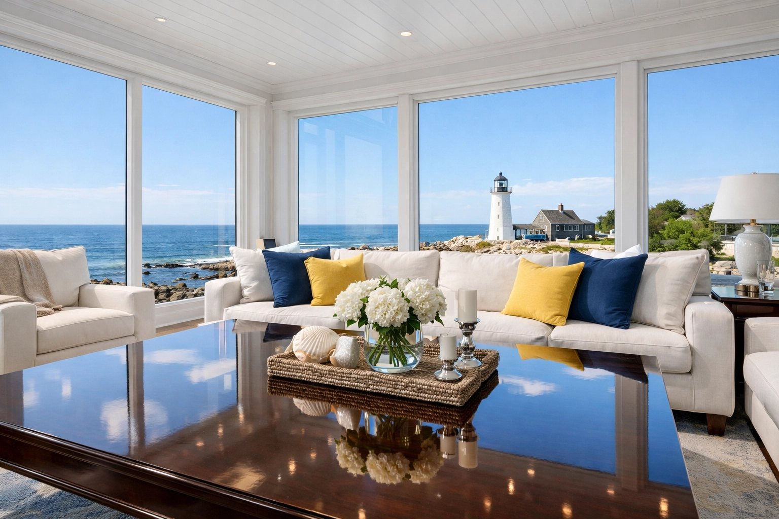 Dust-free luxury residential cleaning in Scituate estate living room with polished mahogany and ocean views.