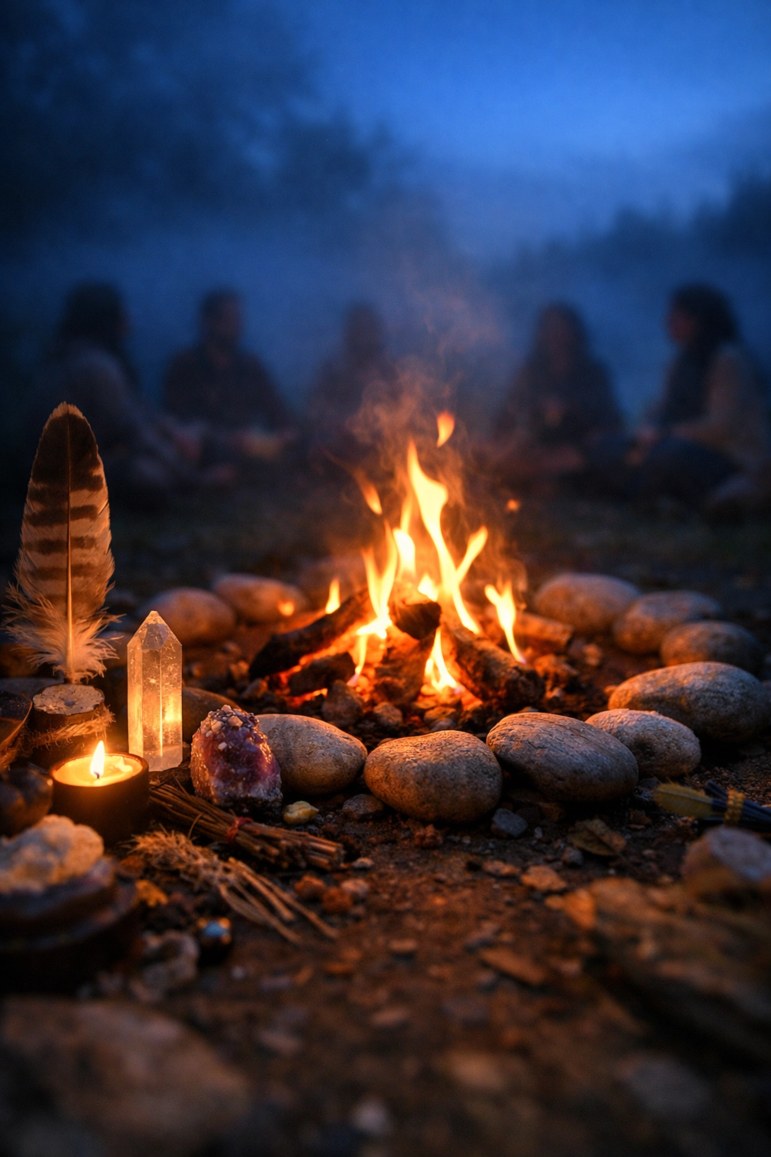Sacred fire ceremony circle at twilight with participants gathered in nature Sacred fire ceremony circle at twilight with participants gathered in nature