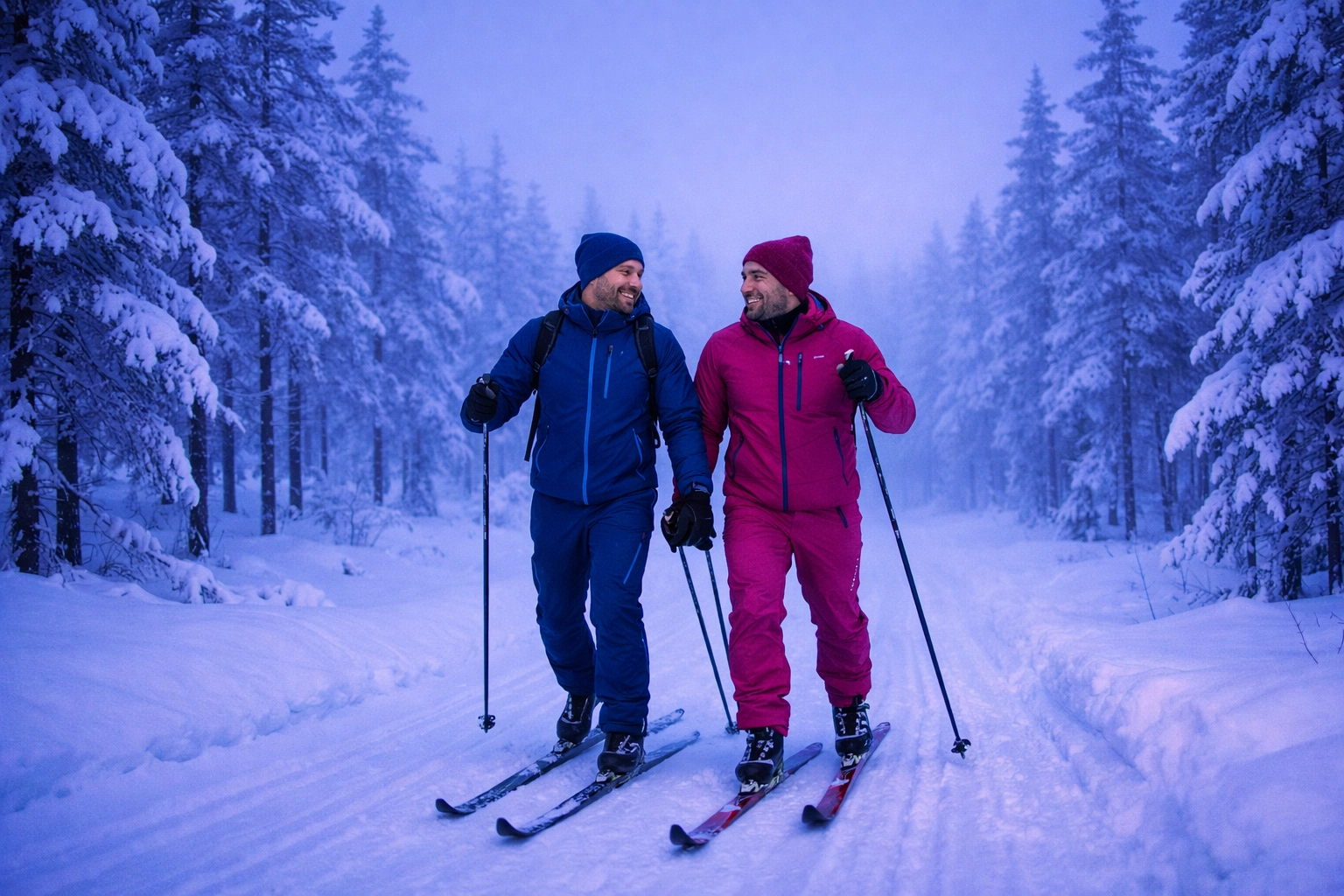 Gay couple cross-country skiing through a snowy forest, perfect for fans of MM romance winter adventures.