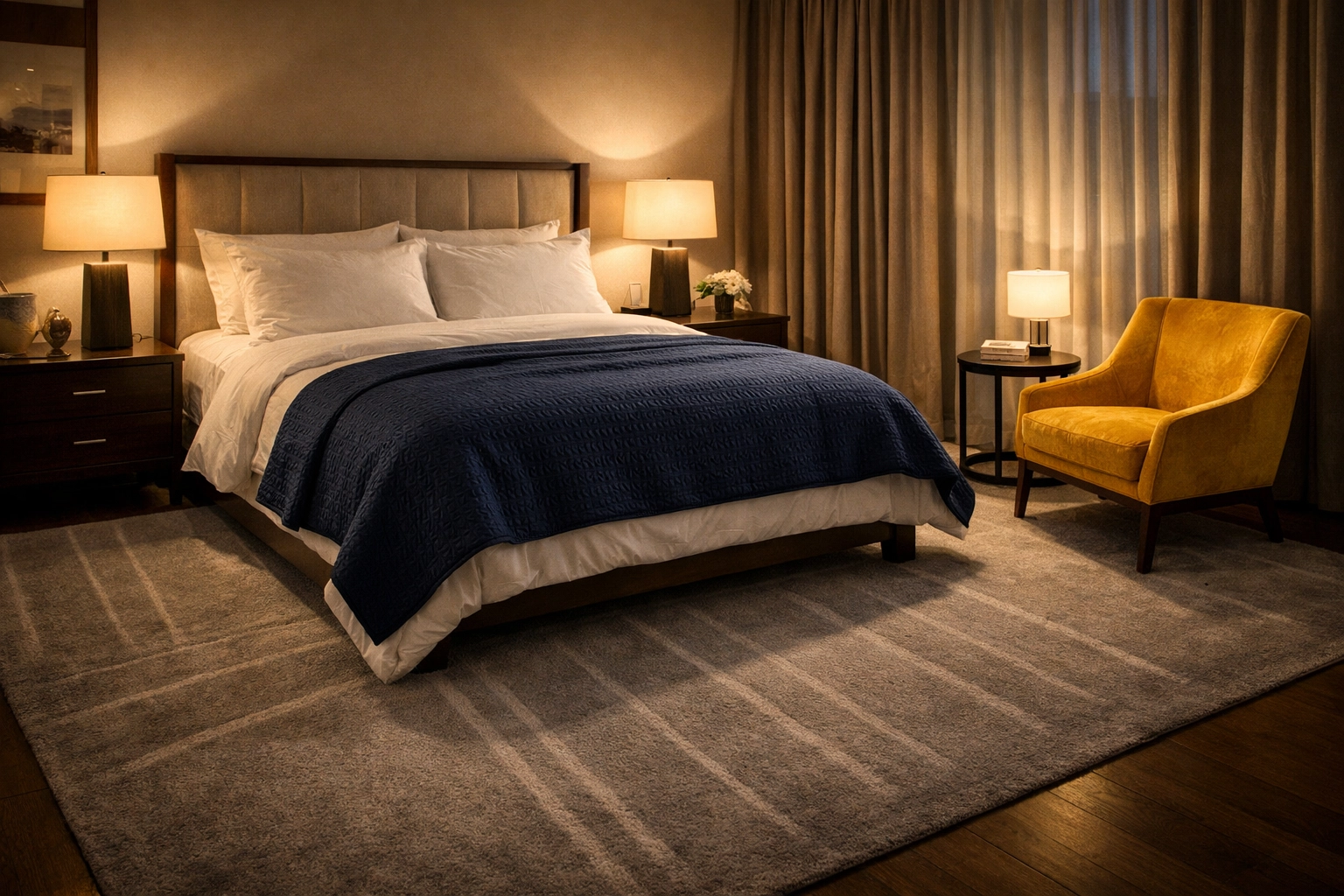 Freshly vacuumed master bedroom rug from a weekly house cleaning Millville MA service.