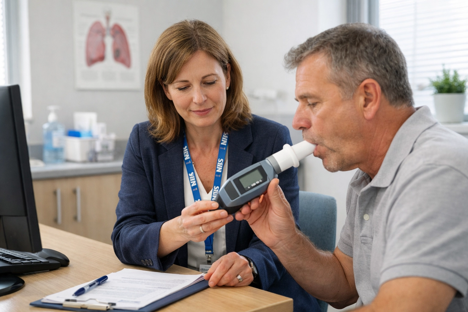 NHS clinician performing a respiratory diagnostic assessment using a spirometry device in a community health clinic.