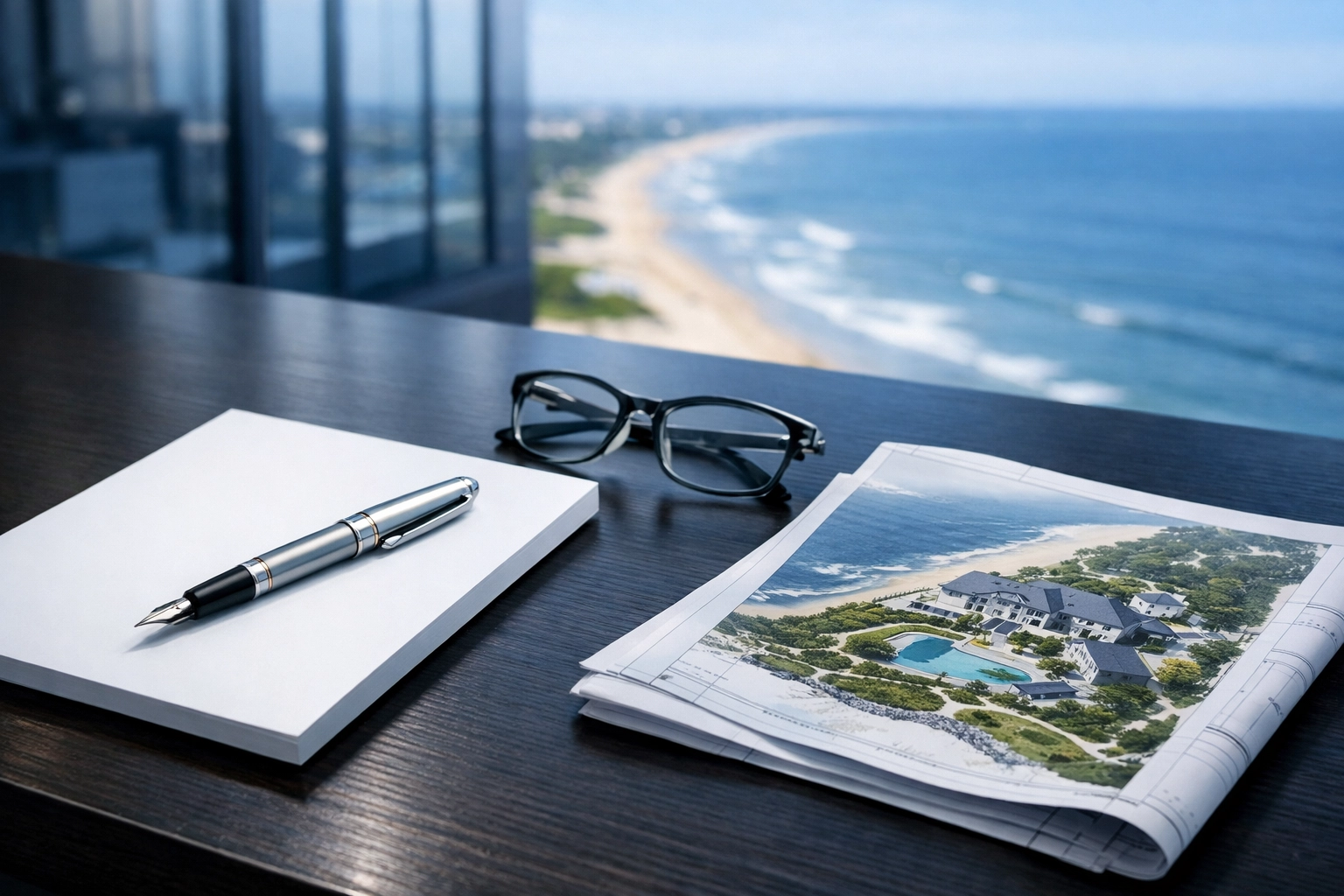 Professional legal documents and blueprints for high-asset divorce planning in a Virginia Beach office.