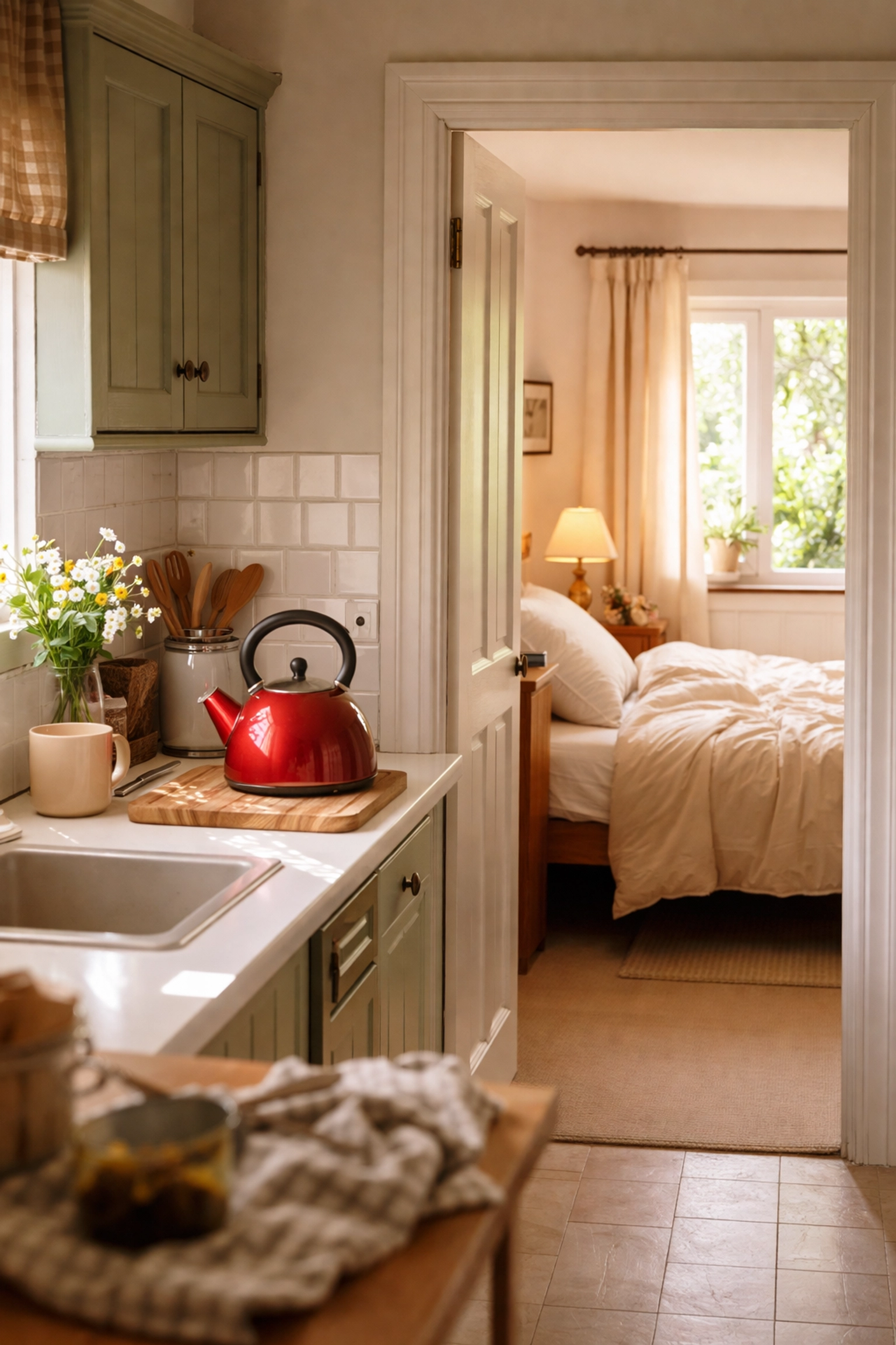 Cozy British flat interior with a red kettle, duvet, and cupboard showing common UK home vocabulary
