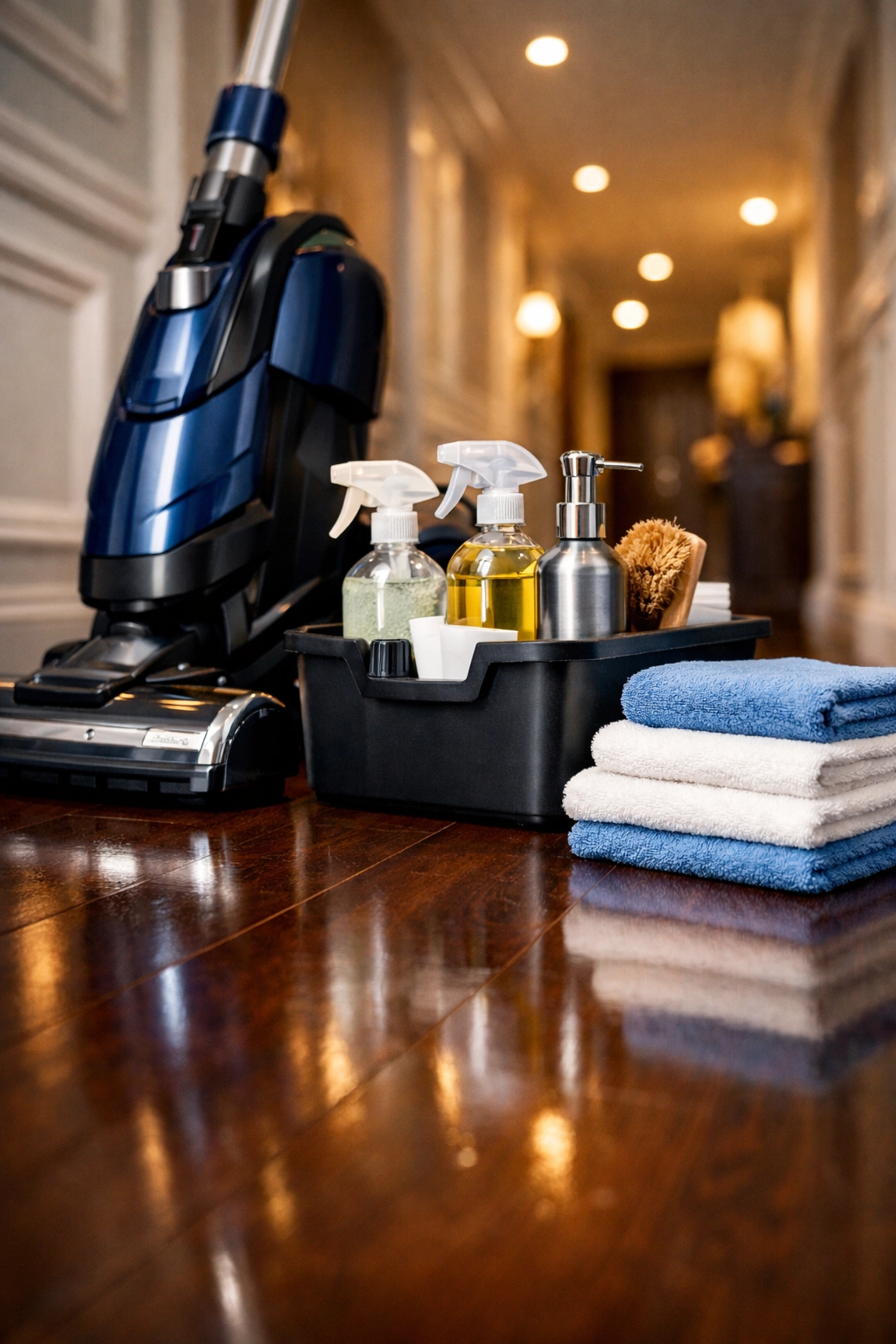 Professional eco-friendly cleaning supplies on a polished floor for expert house cleaning services MA.