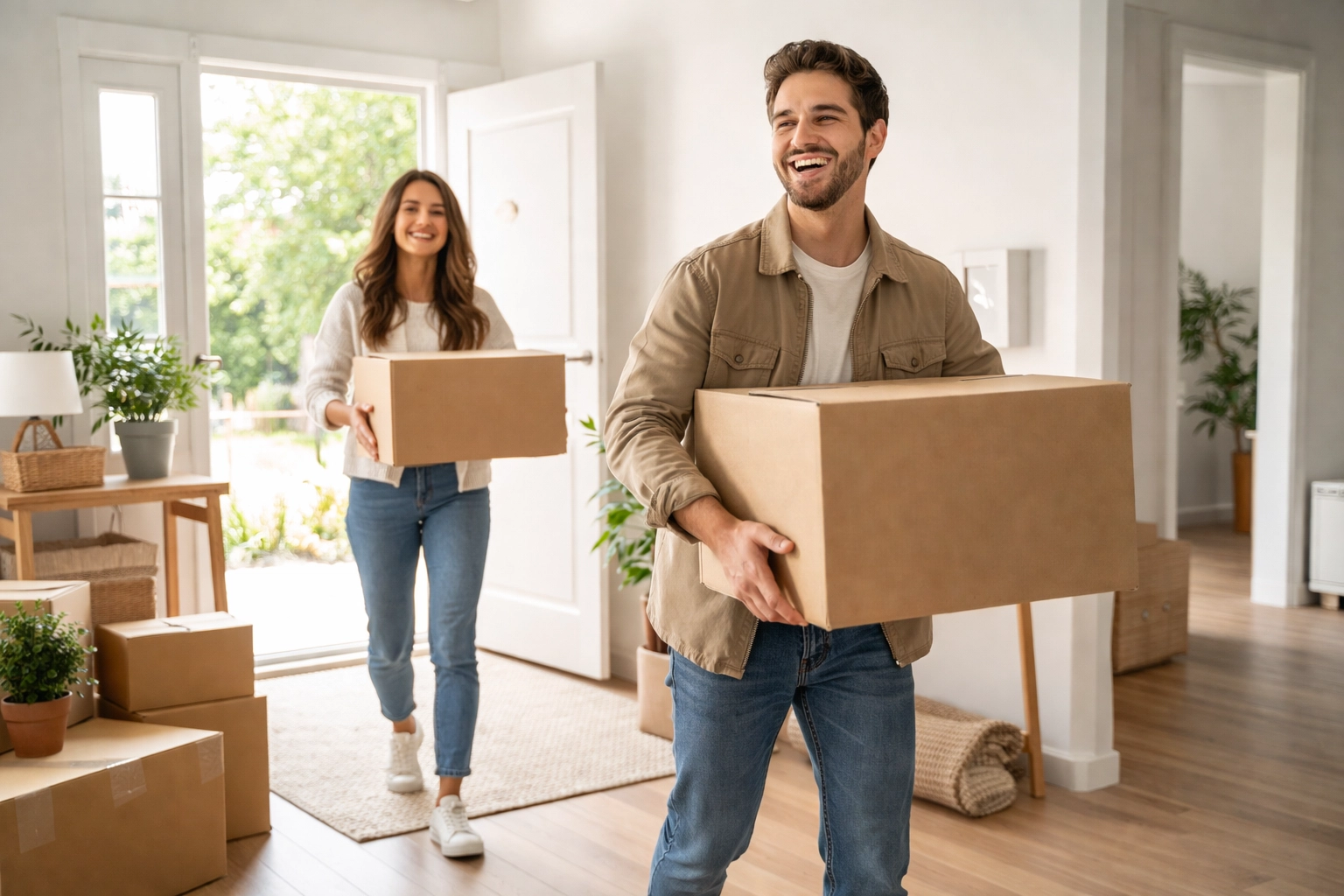 New tenants moving into a bright modern apartment with moving boxes