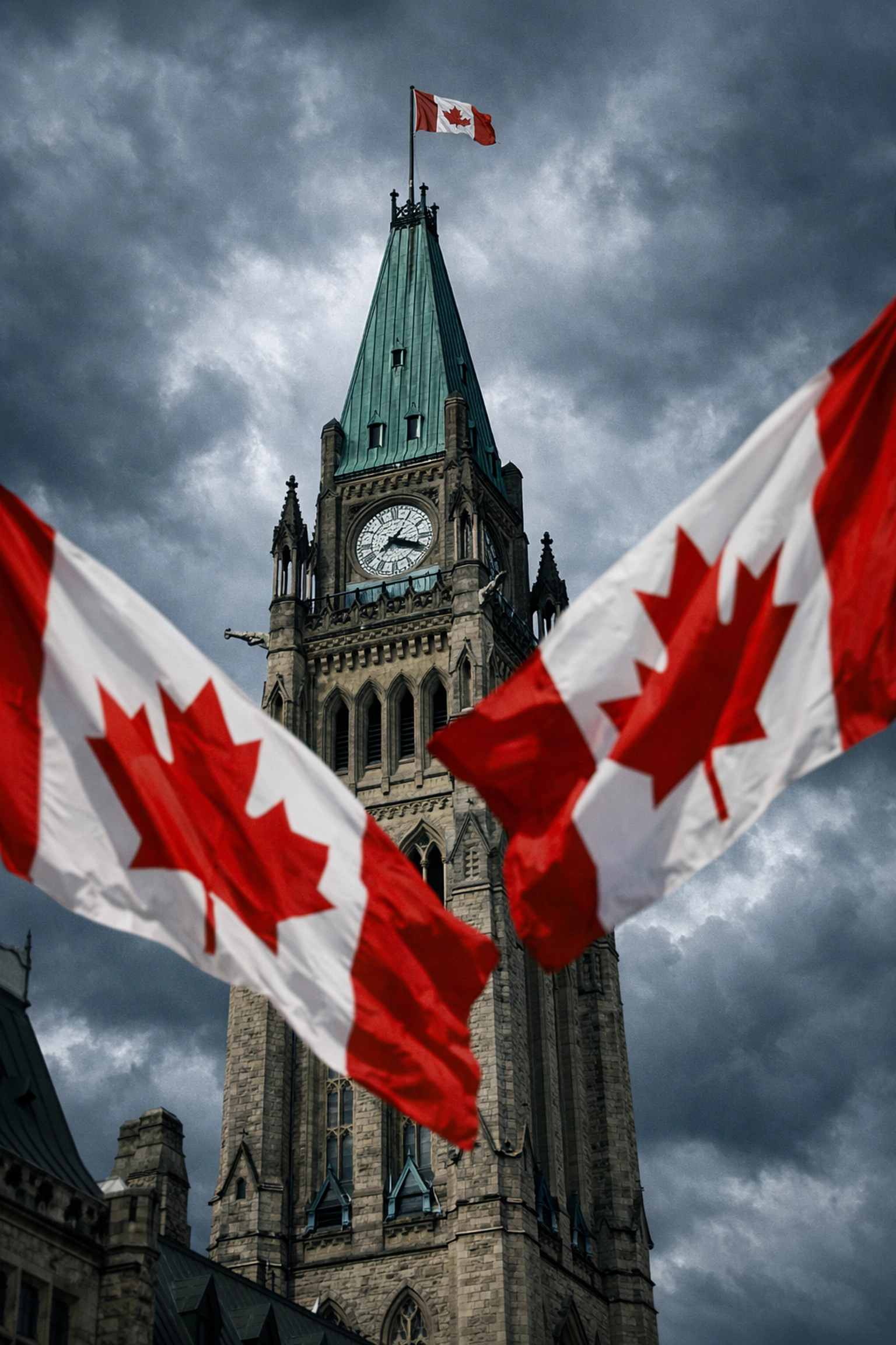 Parliament Hill Peace Tower with Canadian flags representing federal fiscal policy debate