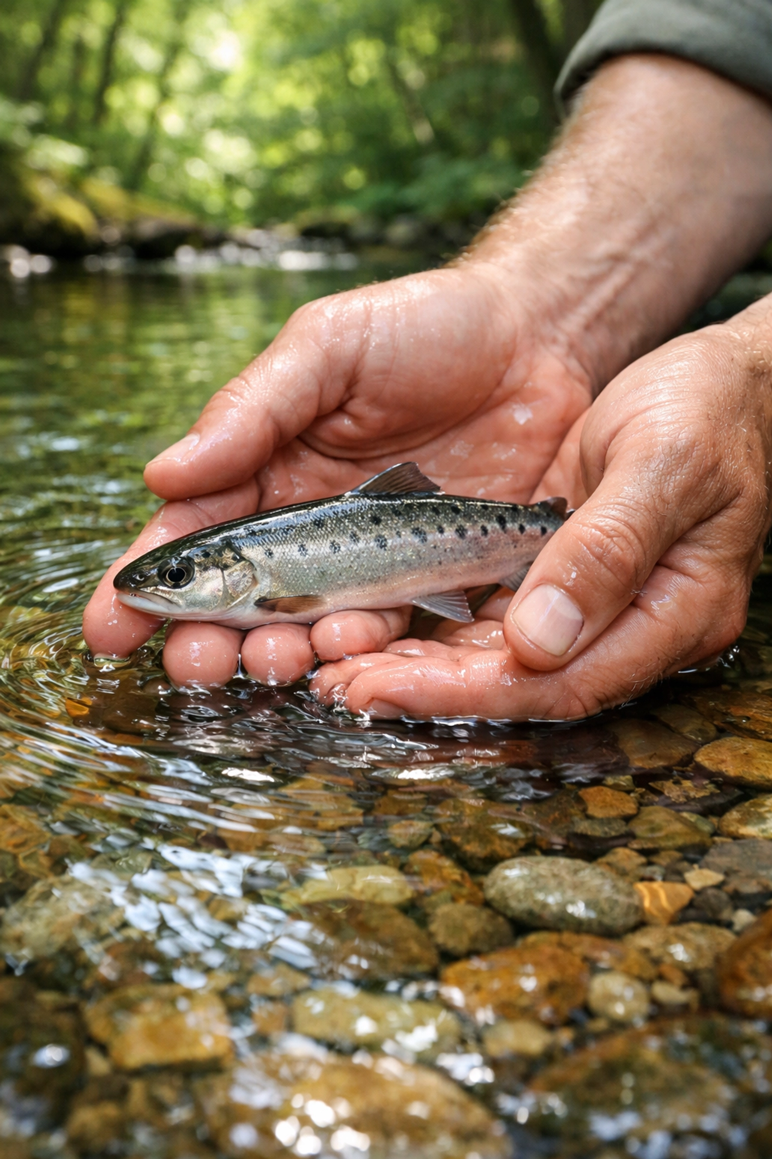 A conservationist releasing an Atlantic salmon into a stream as part of a habitat restoration program.