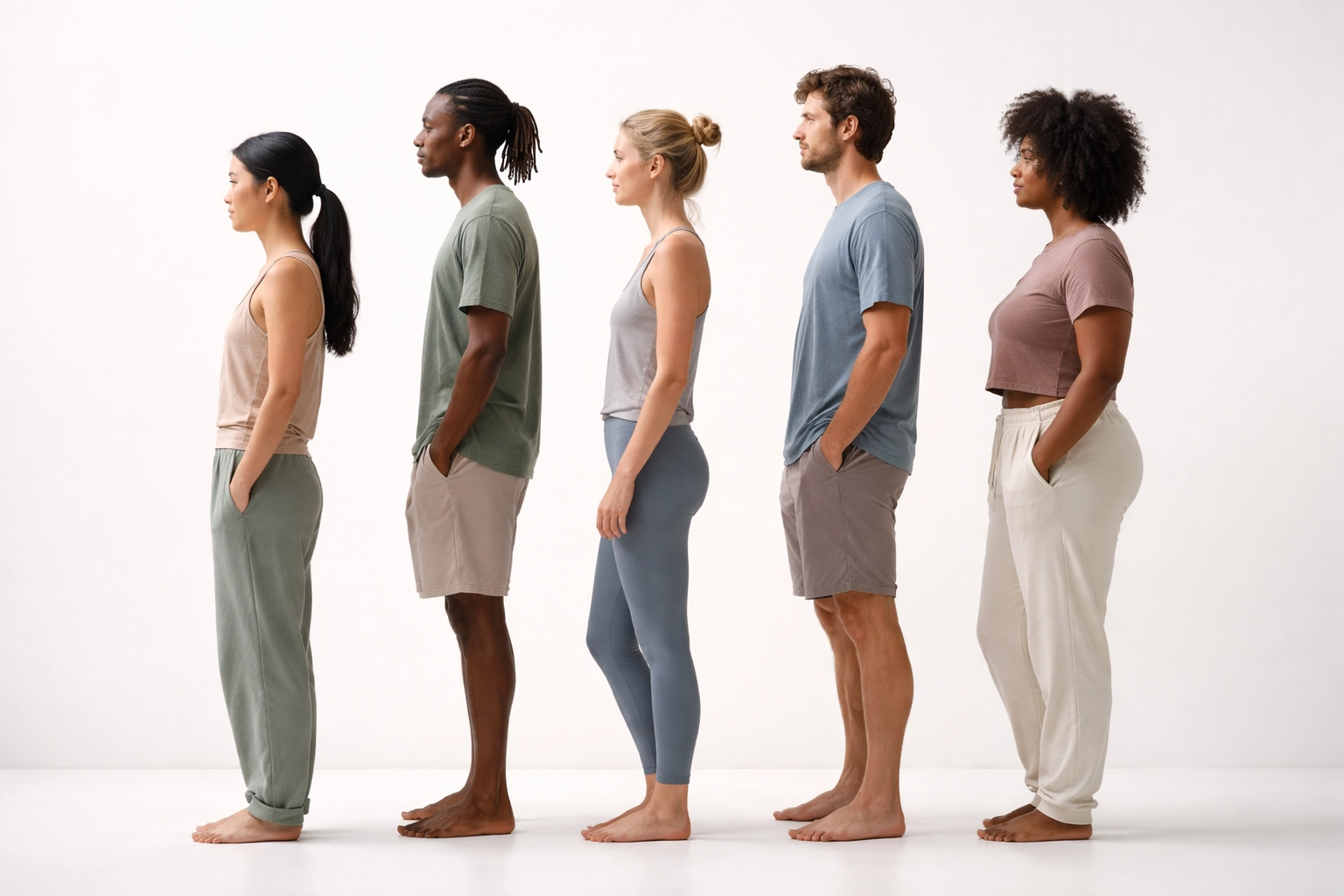 Diverse group standing in relaxed side-view postures, highlighting natural anterior pelvic tilt variation.