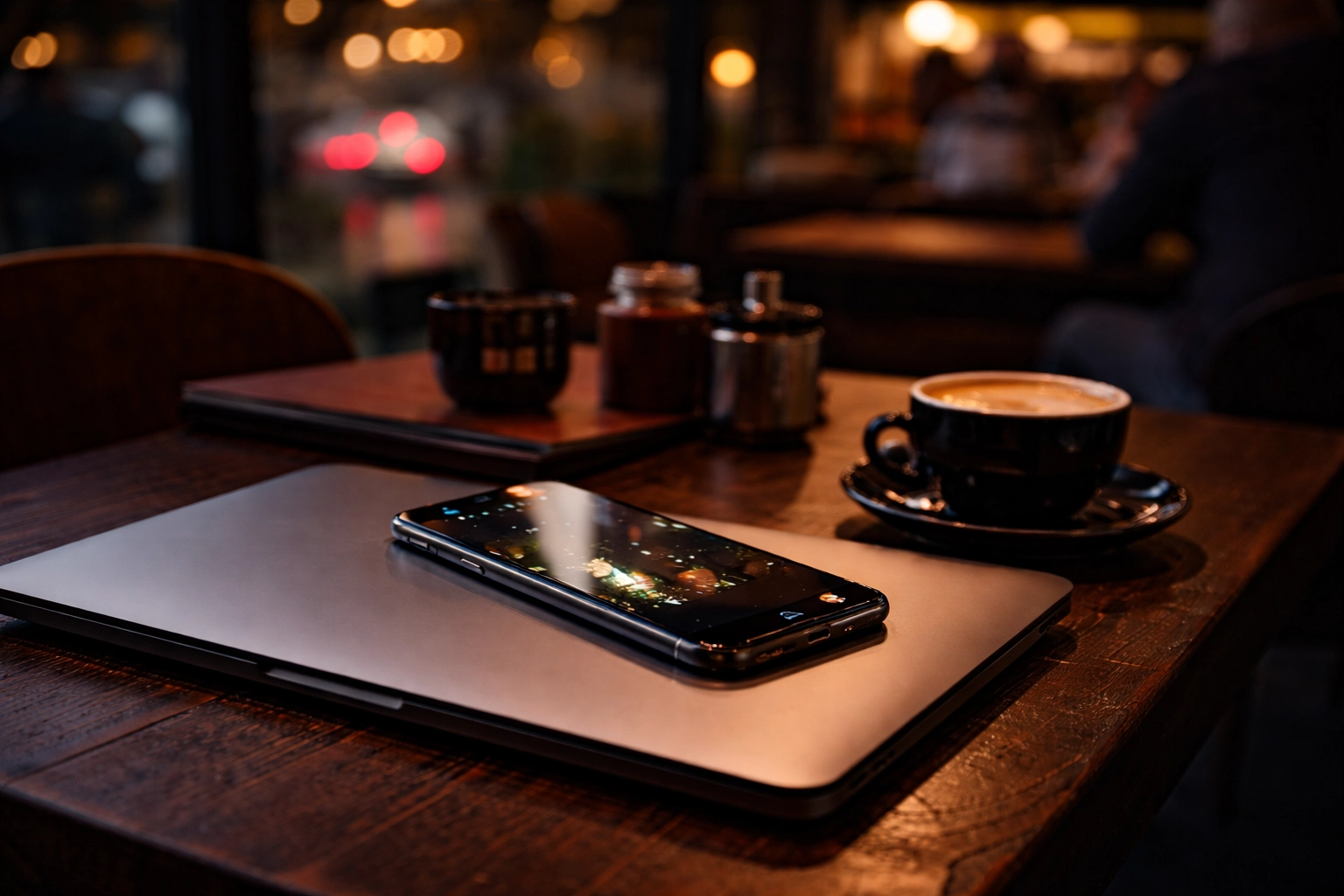 Premium refurbished iPhone and MacBook on a Brooklyn coffee shop table, highlighting certified refurbished tech NYC