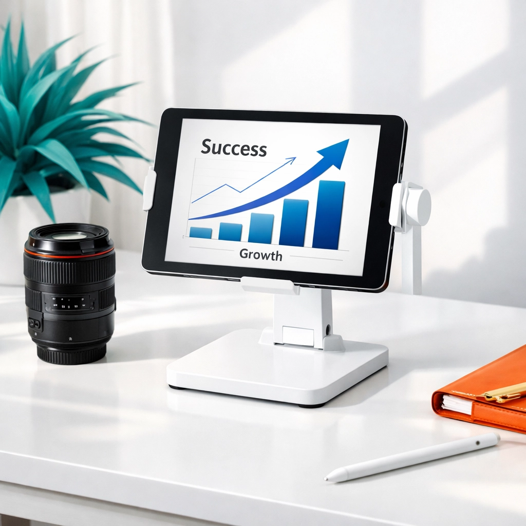 Professional desk setup with iPad photo booth equipment and camera lens for business growth.