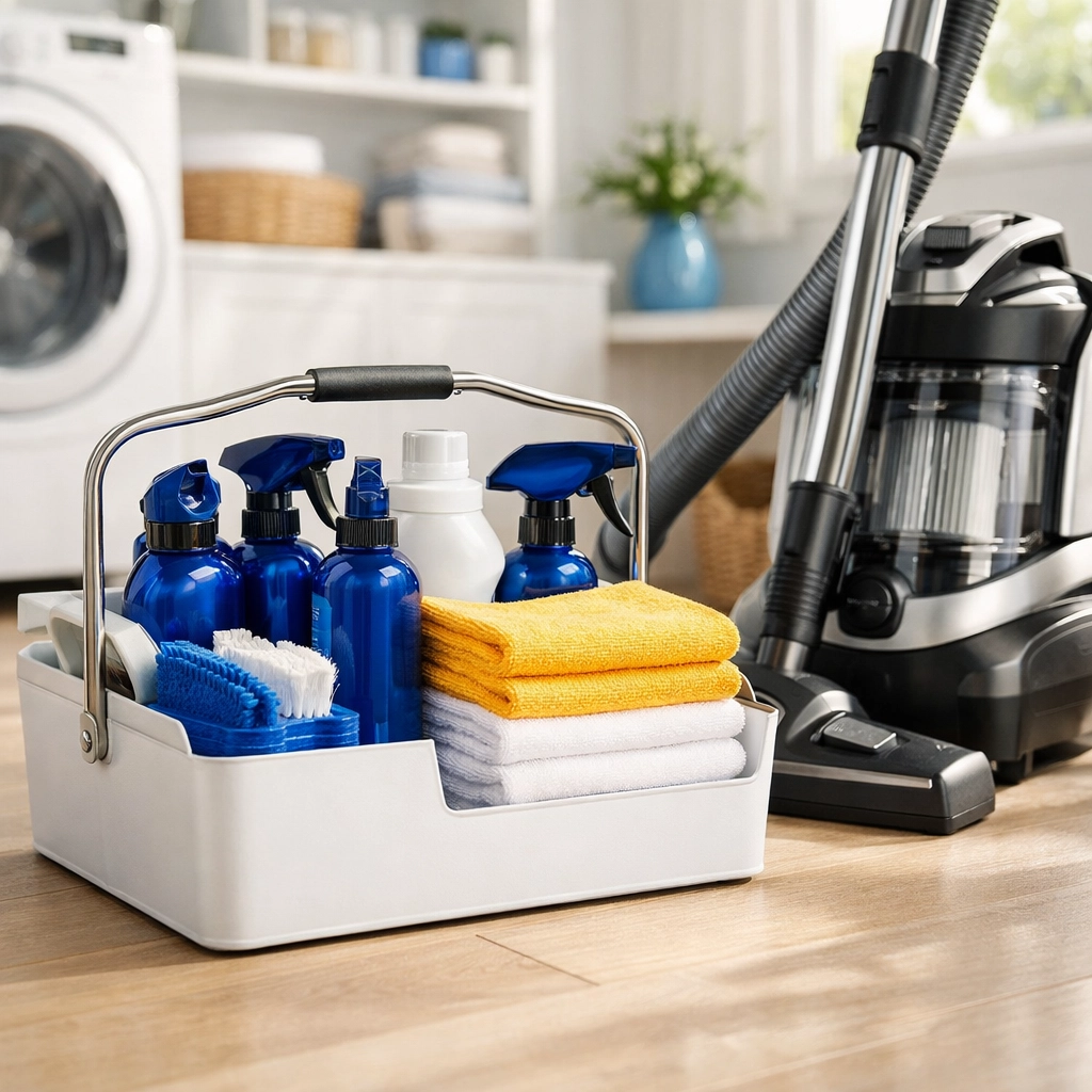 Professional cleaning supplies and HEPA vacuum ready for a safe, eco-friendly house cleaning in Lunenburg.