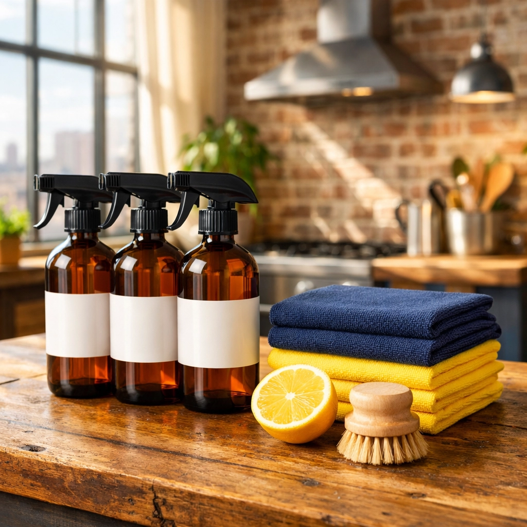 Eco-friendly glass spray bottles and microfiber cloths for sustainable Apartment Cleaning Boston.