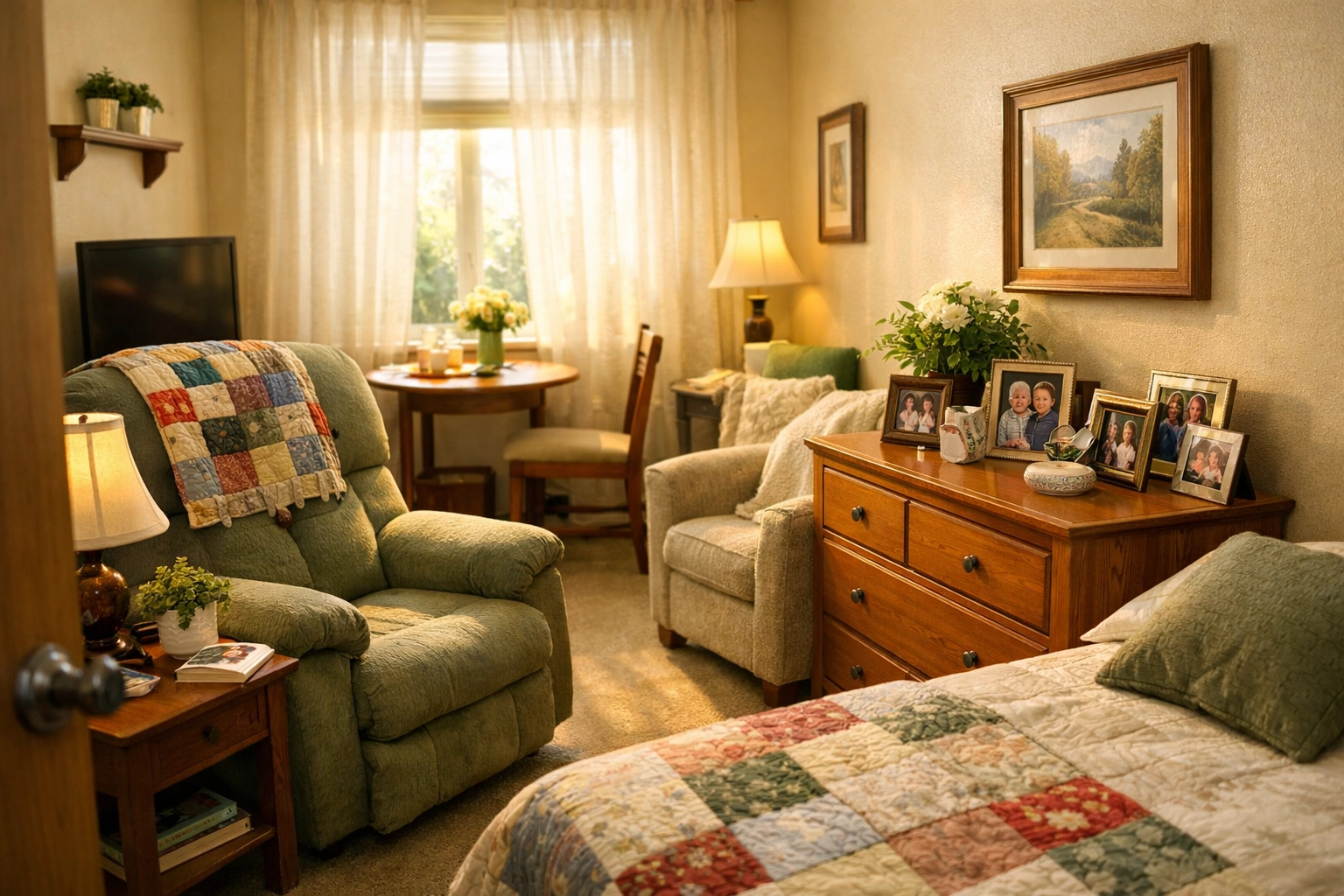 Personalized assisted living apartment with resident's furniture and family photos