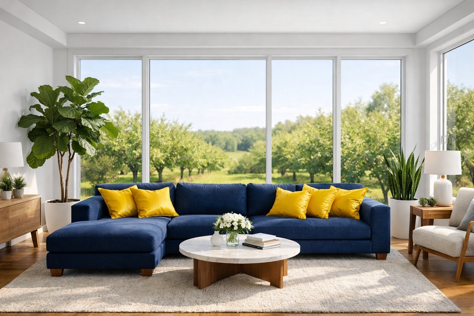 Sun-drenched living room in Bolton MA featuring green plants for improved indoor air quality.