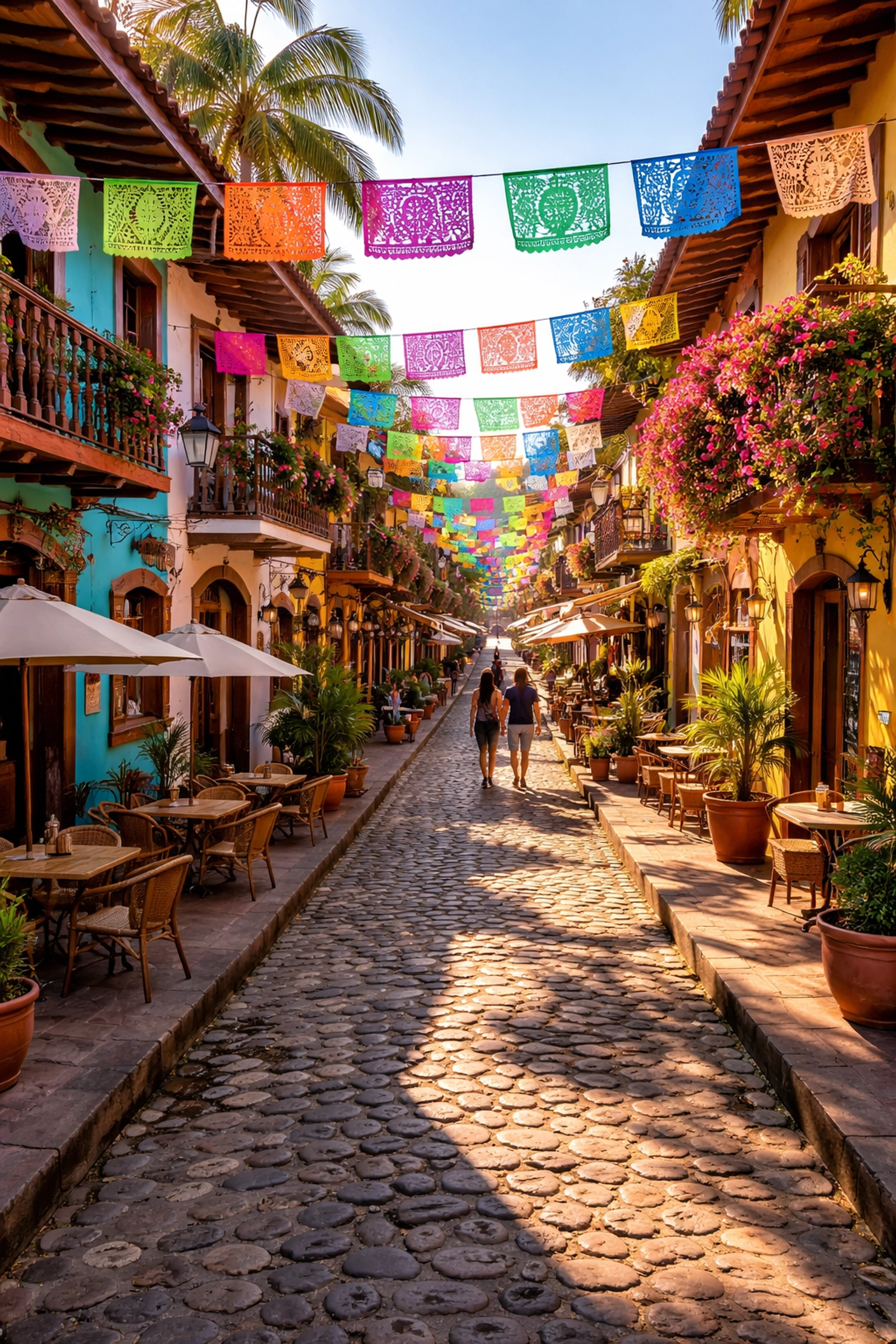 Charming cobblestone street in Zona Romántica with colorful buildings, perfect for romantic walks.