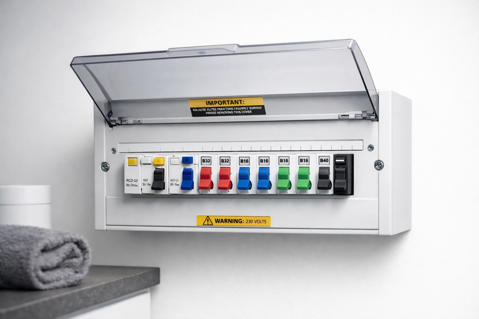 Modern UK consumer unit with RCD protection and circuit breakers installed by an emergency electrician in Bournemouth.