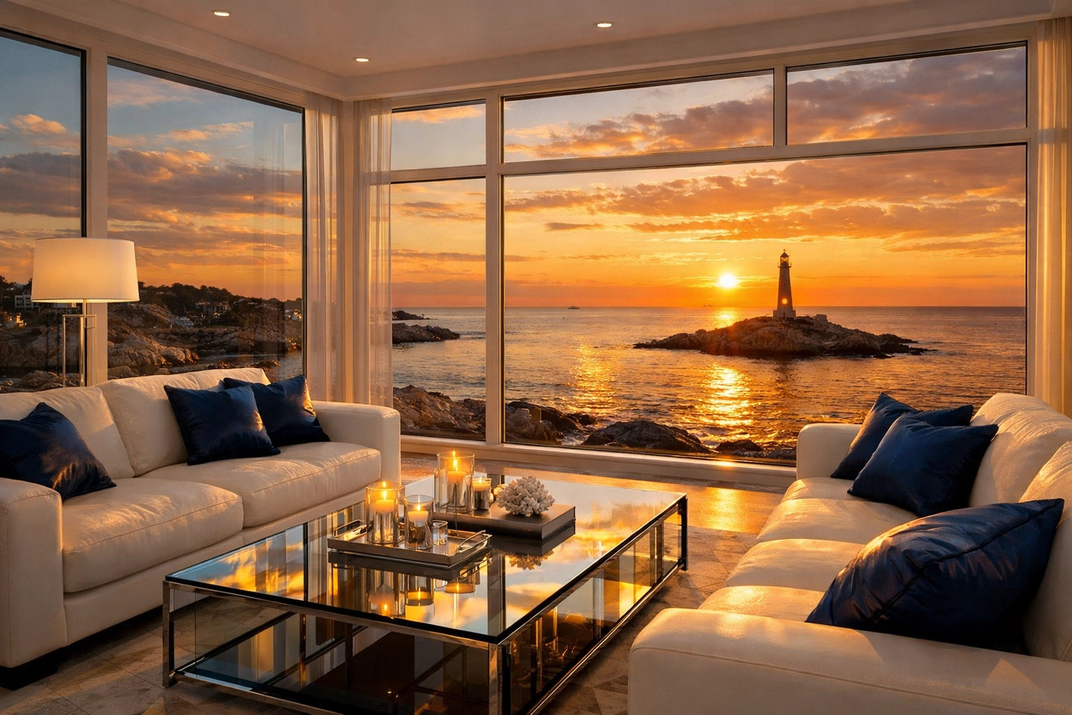 Spotless living room with ocean views after professional luxury house cleaning in Marblehead.