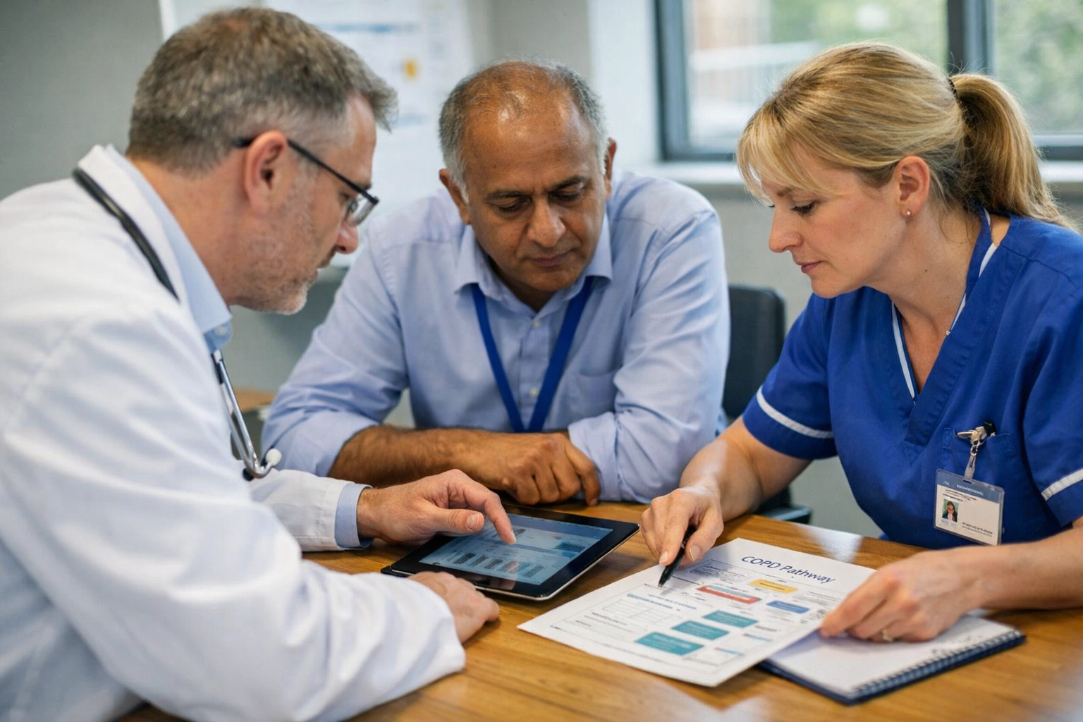 NHS respiratory clinicians in an MDT meeting discussing a new clinical pathway for COPD biologic therapy.