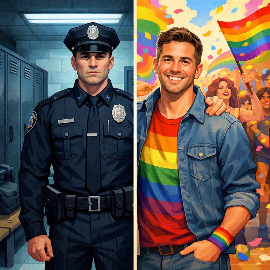 Gay police officer balancing work identity and Pride celebration