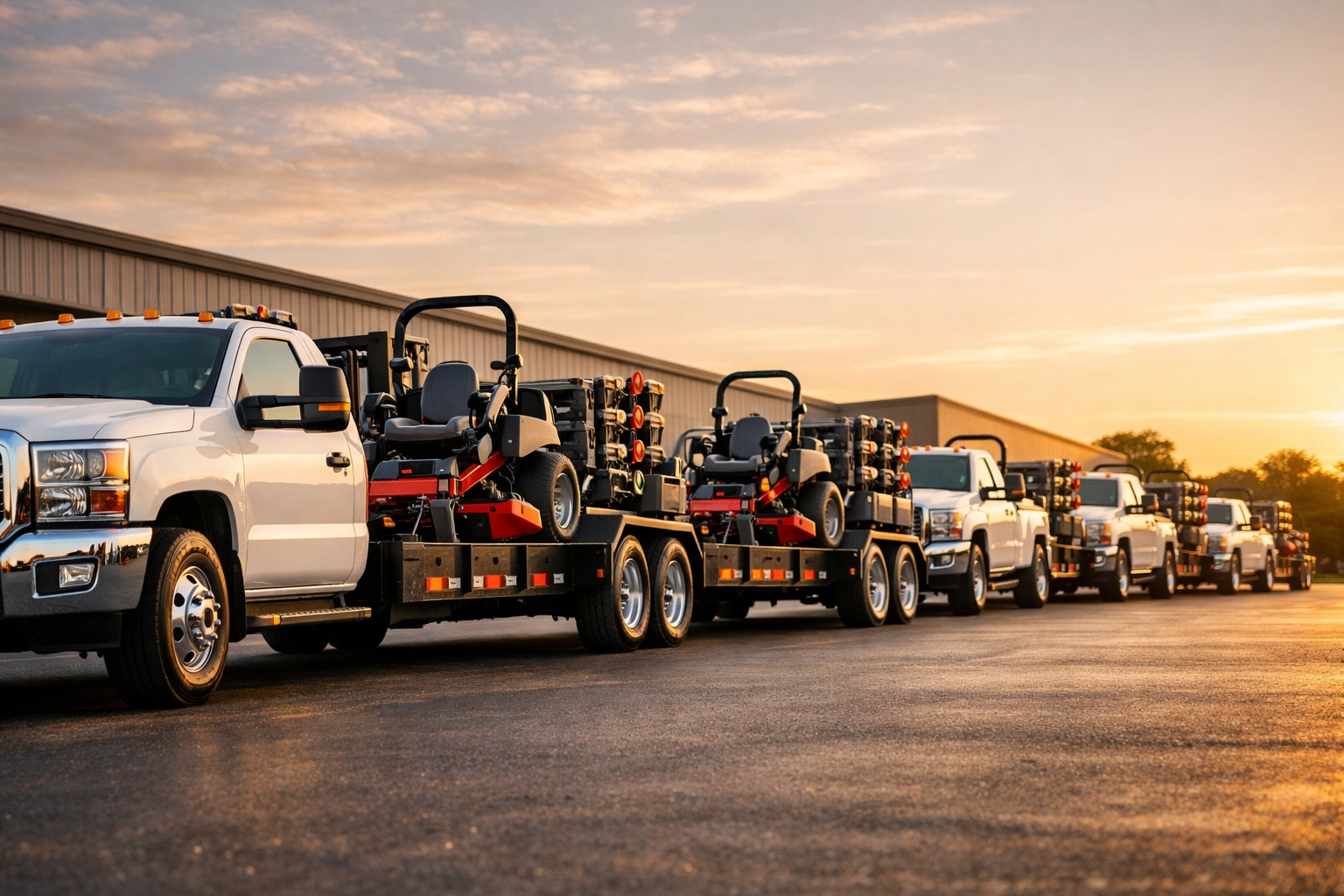 Commercial landscaping truck fleet with trailers for multi-state business operations.