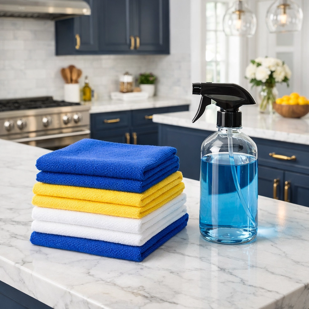 Organized microfiber cloths and spray bottle for professional weekly house cleaning Southborough.