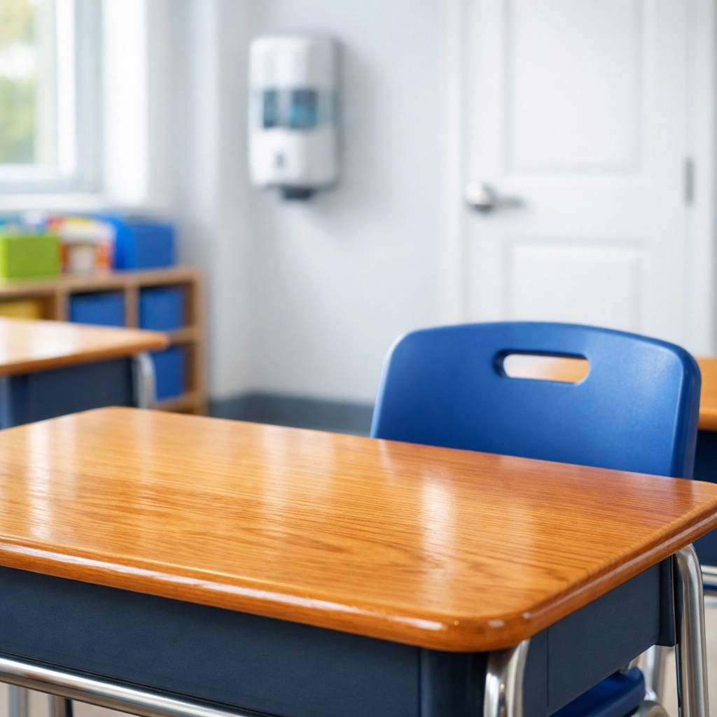 Professionally cleaned school classroom desk with a hand sanitiser station for student hygiene.