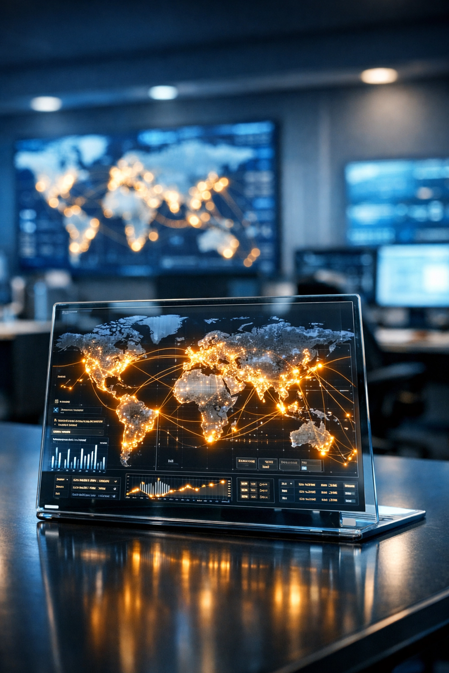 Modern logistics command center using data analytics to optimize global trade and shipping routes.