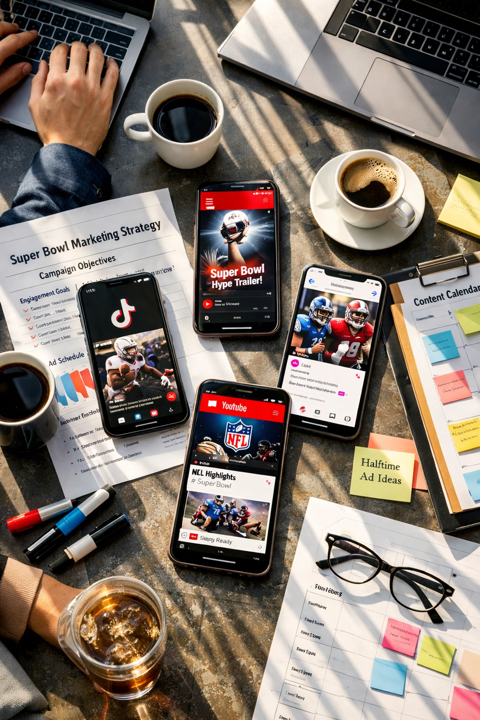 Multi-platform Super Bowl advertising strategy workspace with social media apps and marketing plans