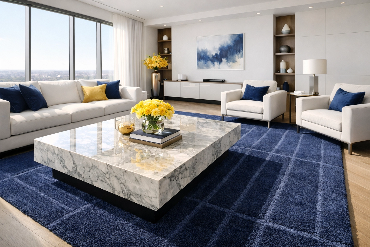 Clean and organized modern living room with fresh vacuum lines on a navy rug, representing time-saving cleaning.