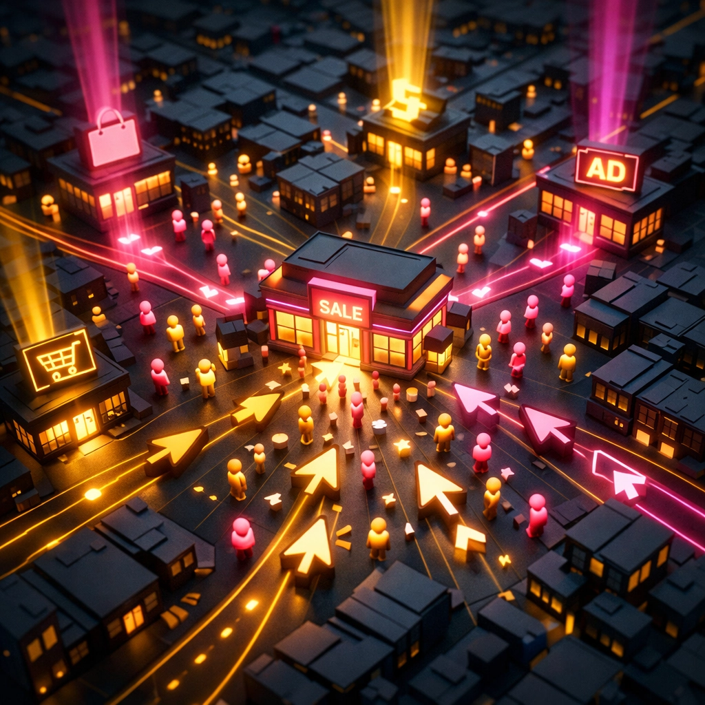 Targeted PPC management Toronto campaigns lighting up specific local business zones on a city map.