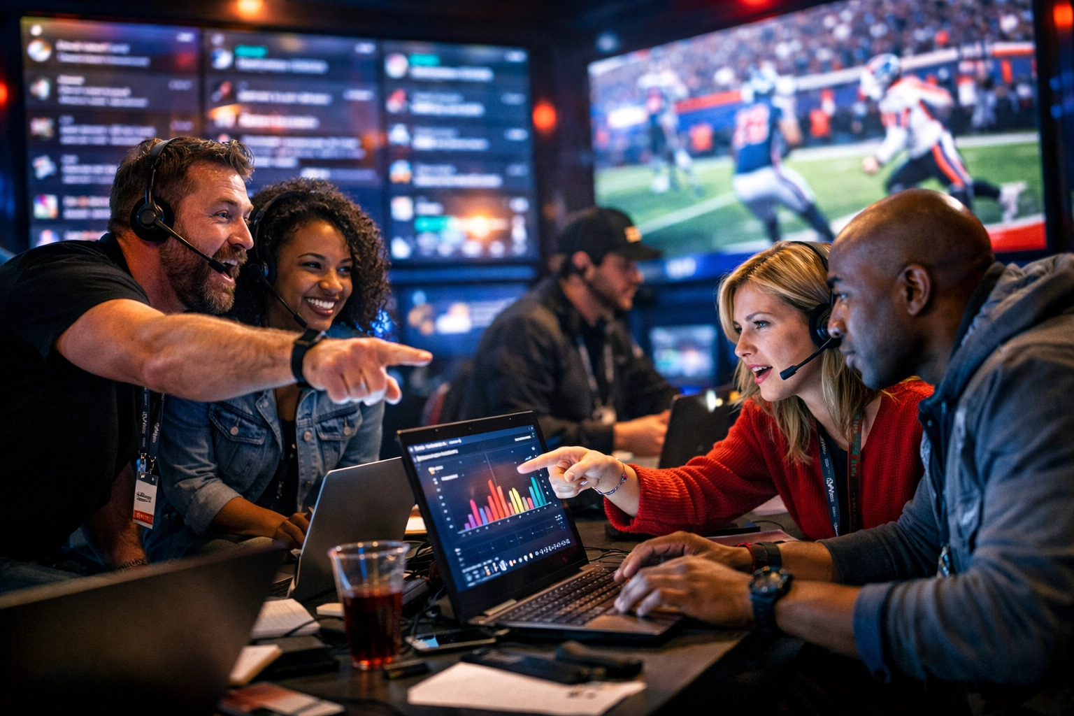 Marketing team in a war room tracking real-time ROI and social media engagement during a big game.