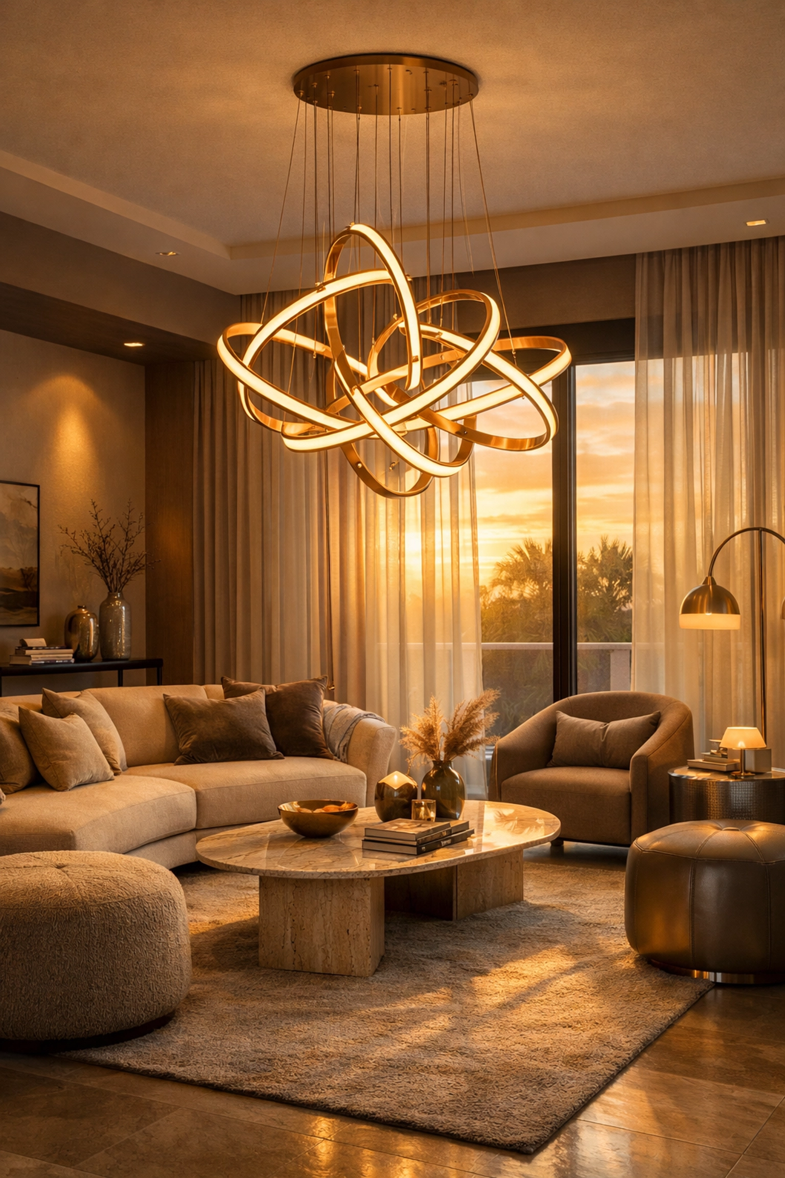 Contemporary Orlando living room with statement chandelier and curved furniture