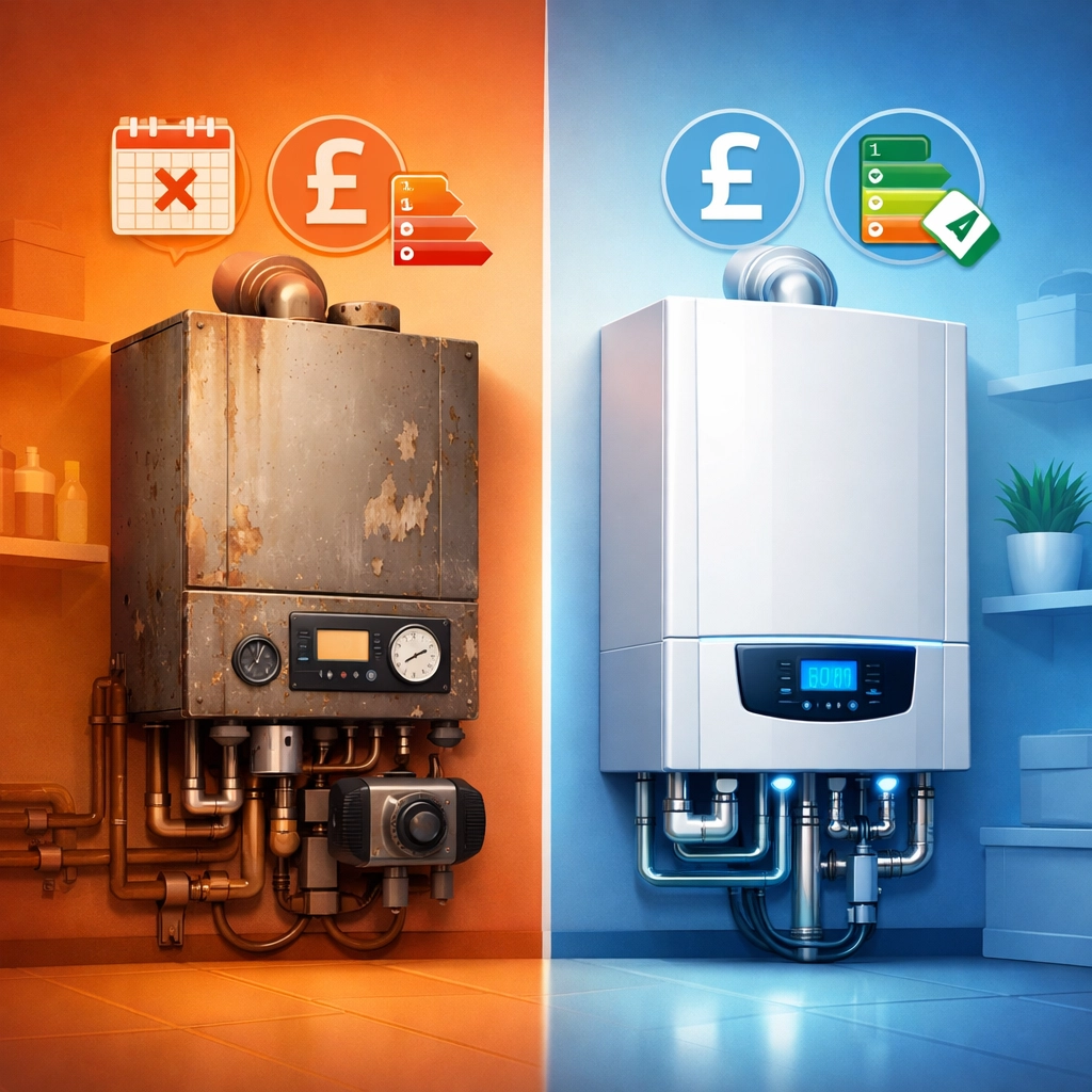 Old worn boiler compared to new energy-efficient boiler replacement in Farnham home