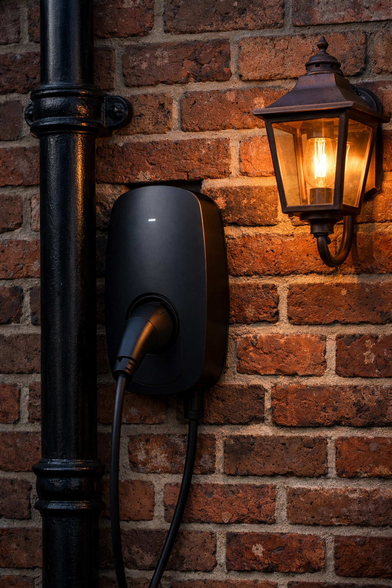 Discrete EV charging point on a traditional Sussex red brick wall in Arundel.