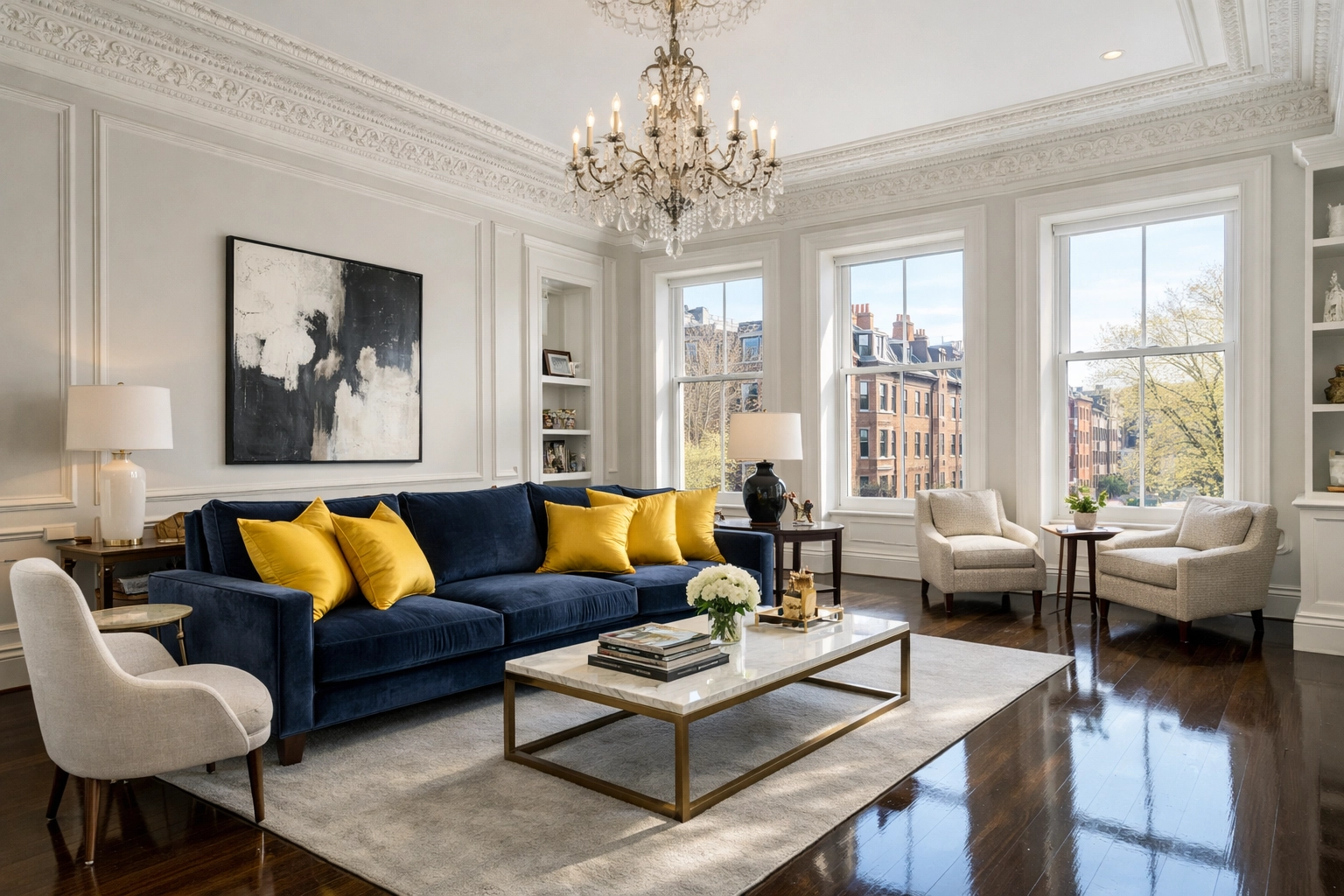 Luxury residential cleaning MA in a sunlit Boston apartment living room with polished hardwood floors.