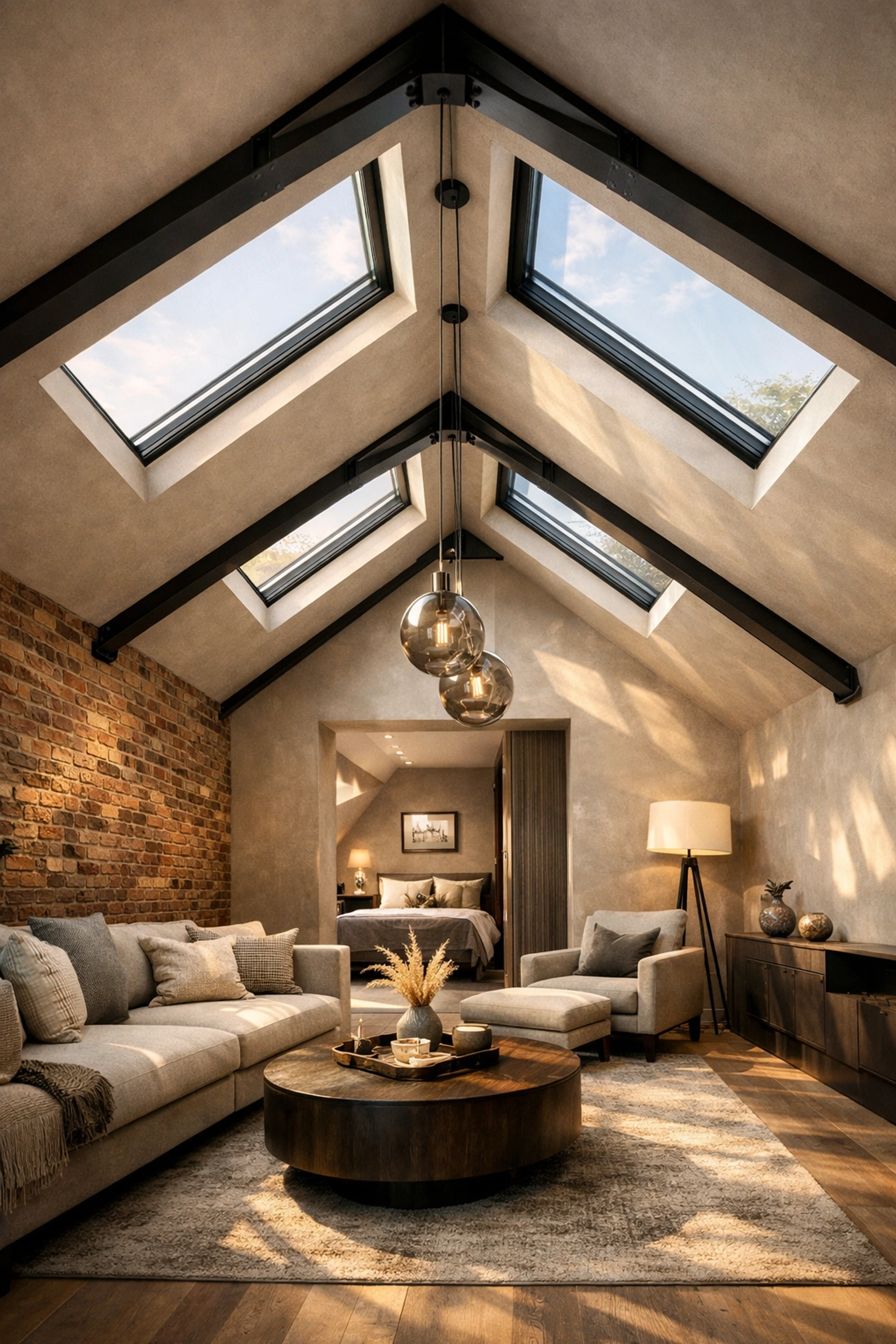 Luxury Surrey loft conversion featuring vaulted ceilings and integrated structural steel for maximized living space.