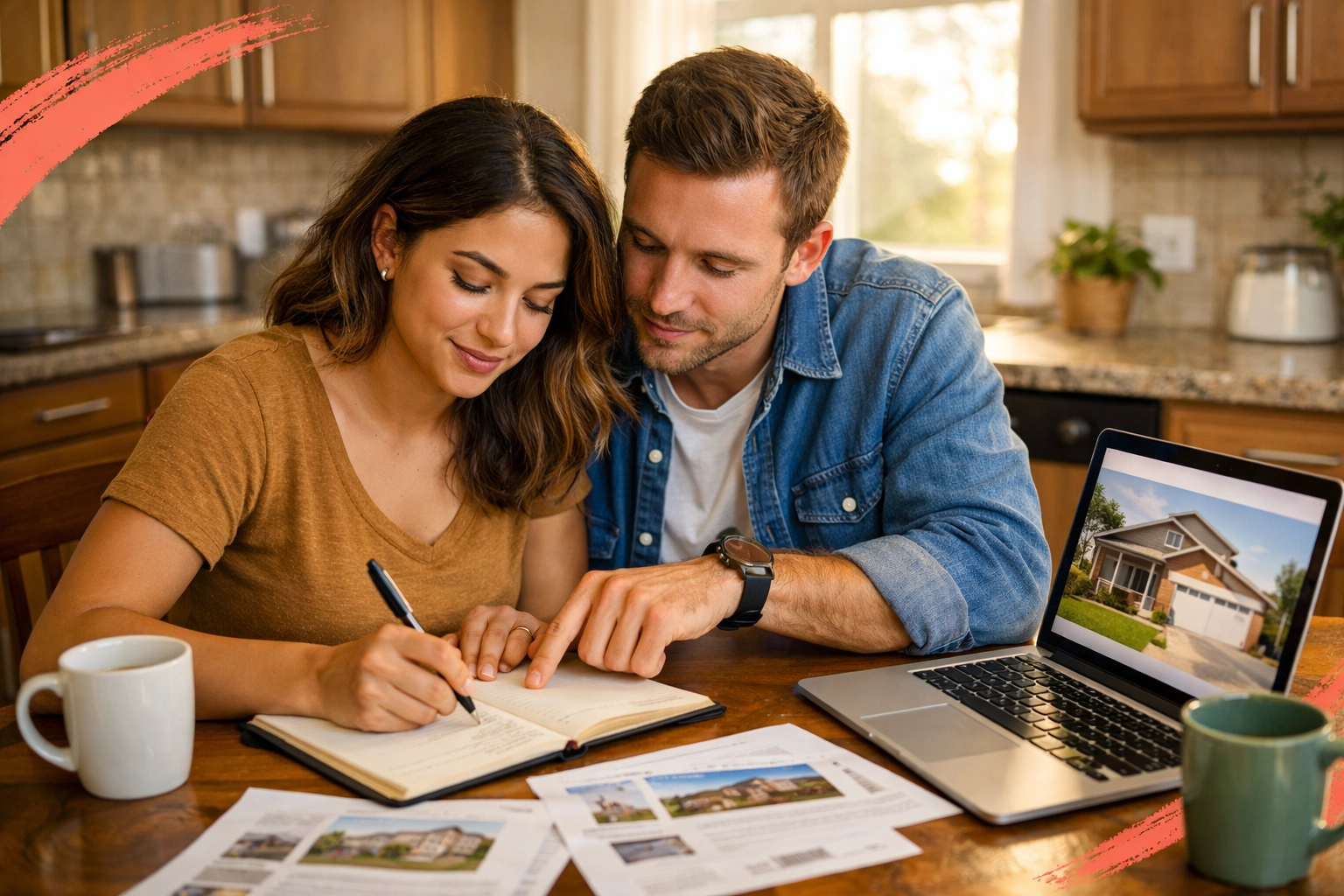 Couple writing home buying dealbreakers together at kitchen table with listing photos