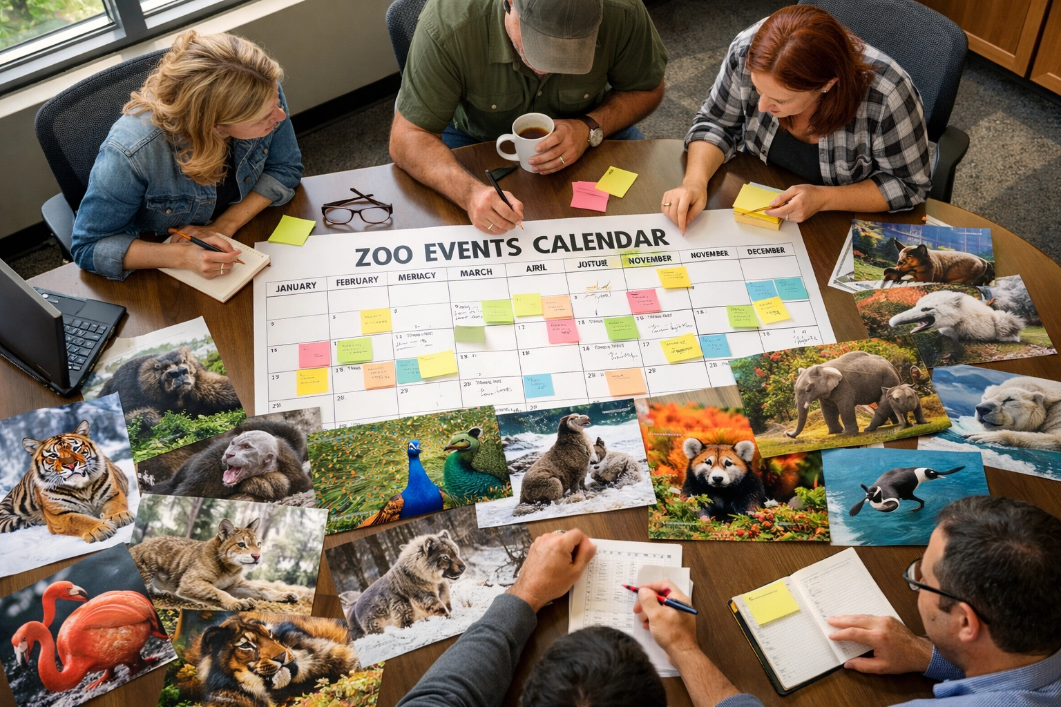 Zoo marketing team planning species spotlight content calendar with animal photography collection