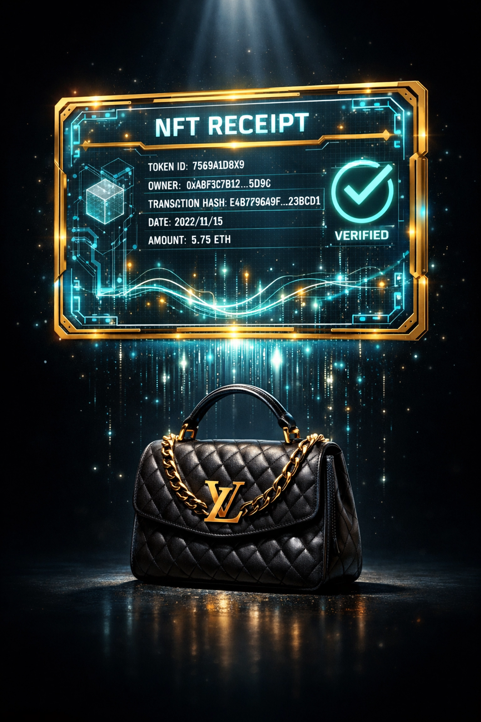 NFT receipt with blockchain verification for luxury virtual handbag purchase authentication