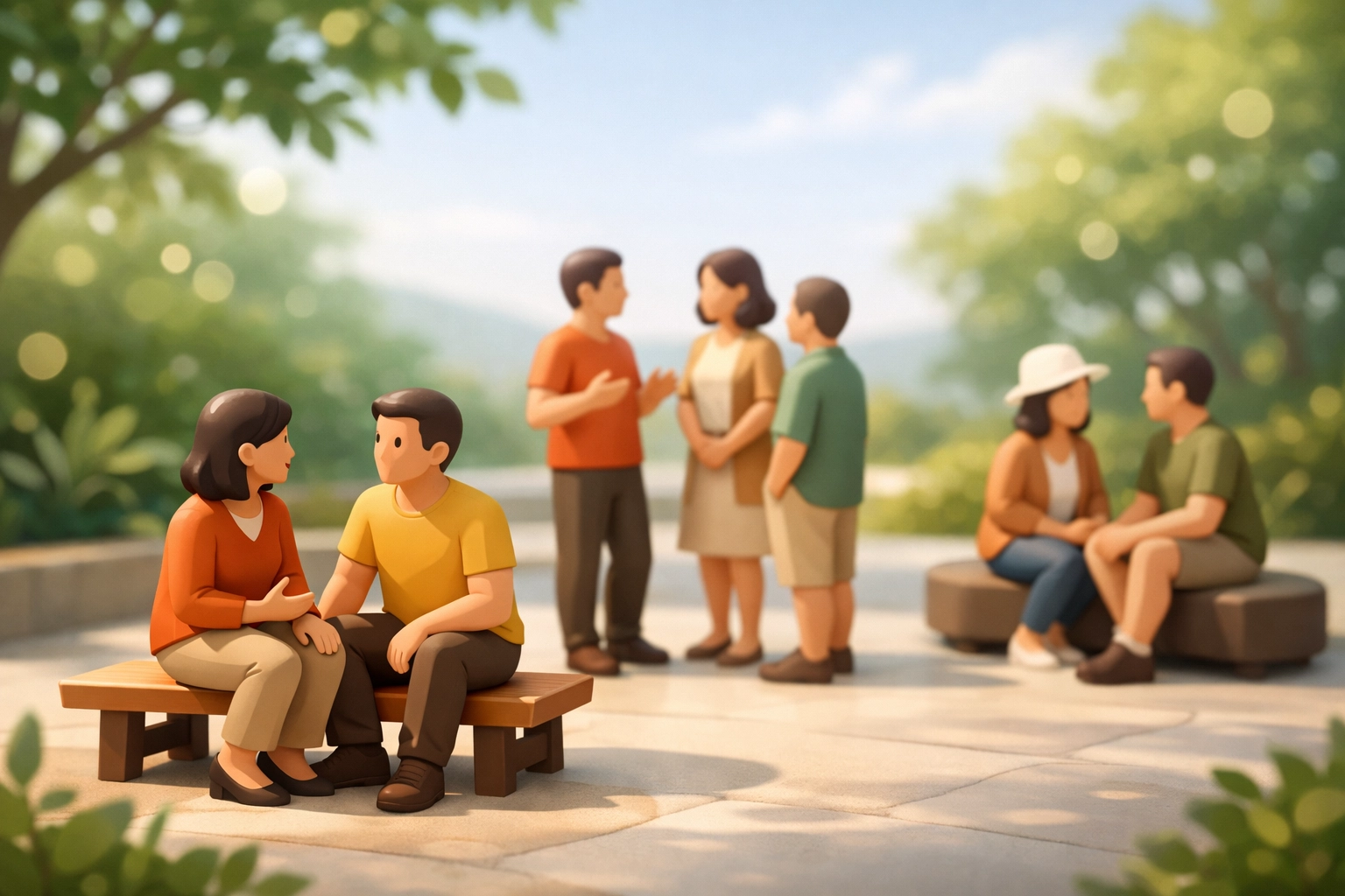 Small groups of Christians in conversation circles demonstrating biblical discipleship