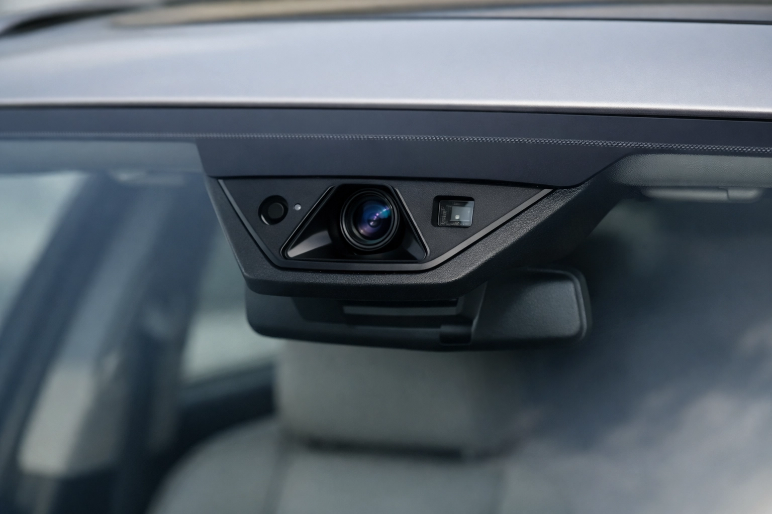 Close-up of advanced safety sensors and ADAS camera behind a luxury car windshield.