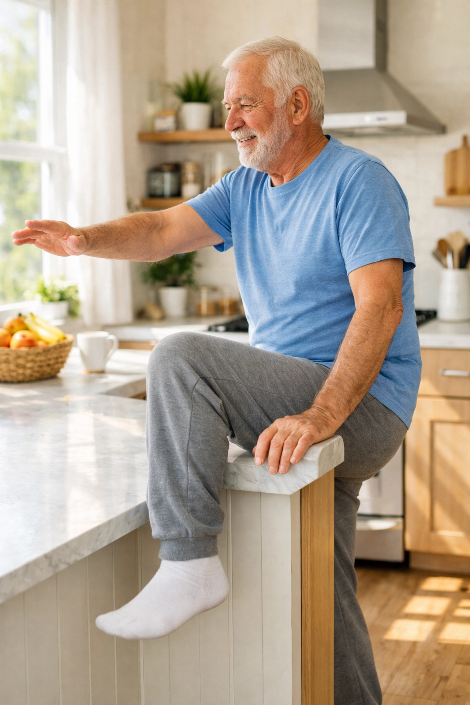 Senior performing safe standing core exercise using kitchen counter for balance support