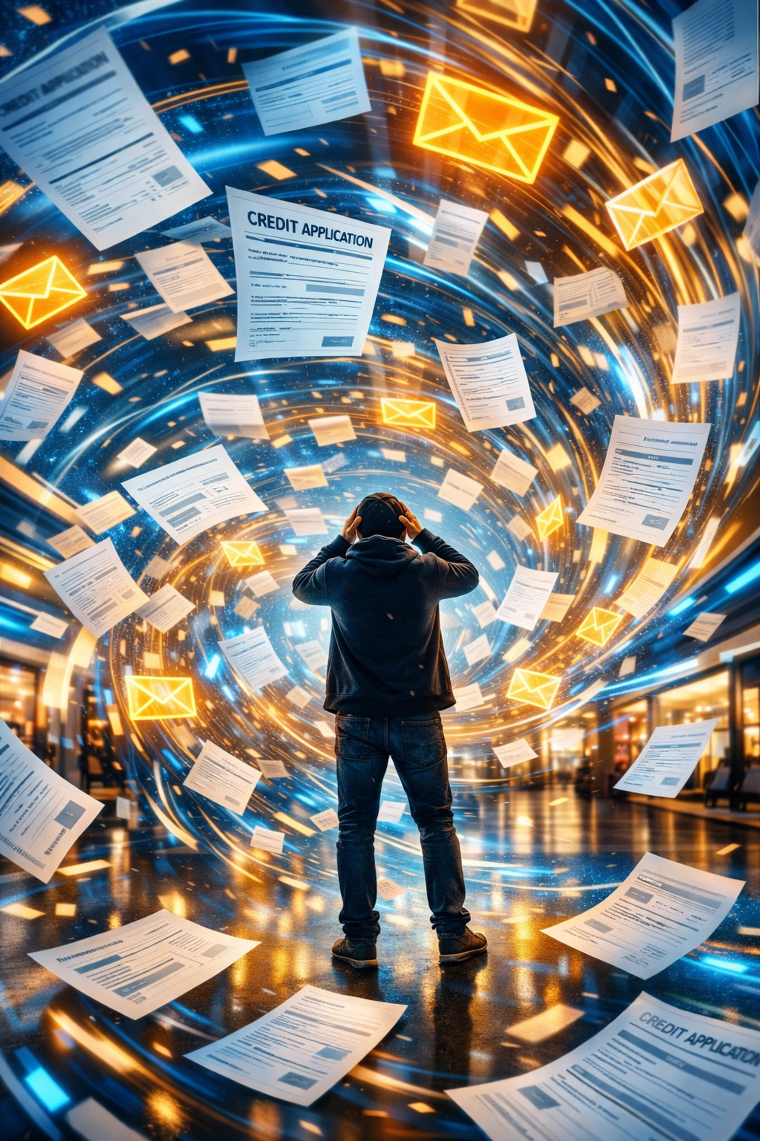 A person overwhelmed by a flurry of credit applications and hard inquiries while shopping.