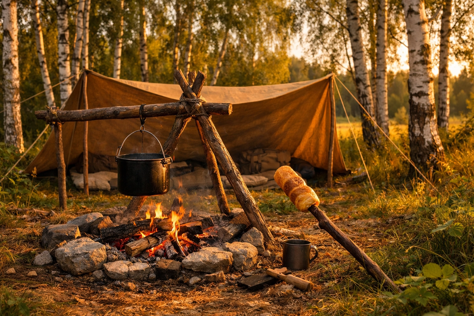 A wild camping setup with a tarp shelter and cooking tripod in a British birch grove.