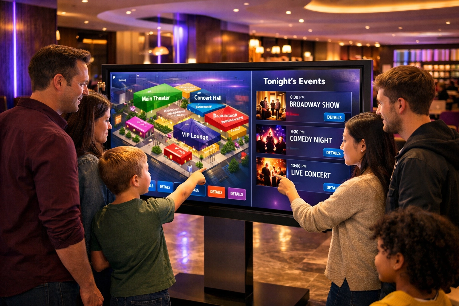 Interactive touchscreen digital signage for wayfinding in modern entertainment venue lobby