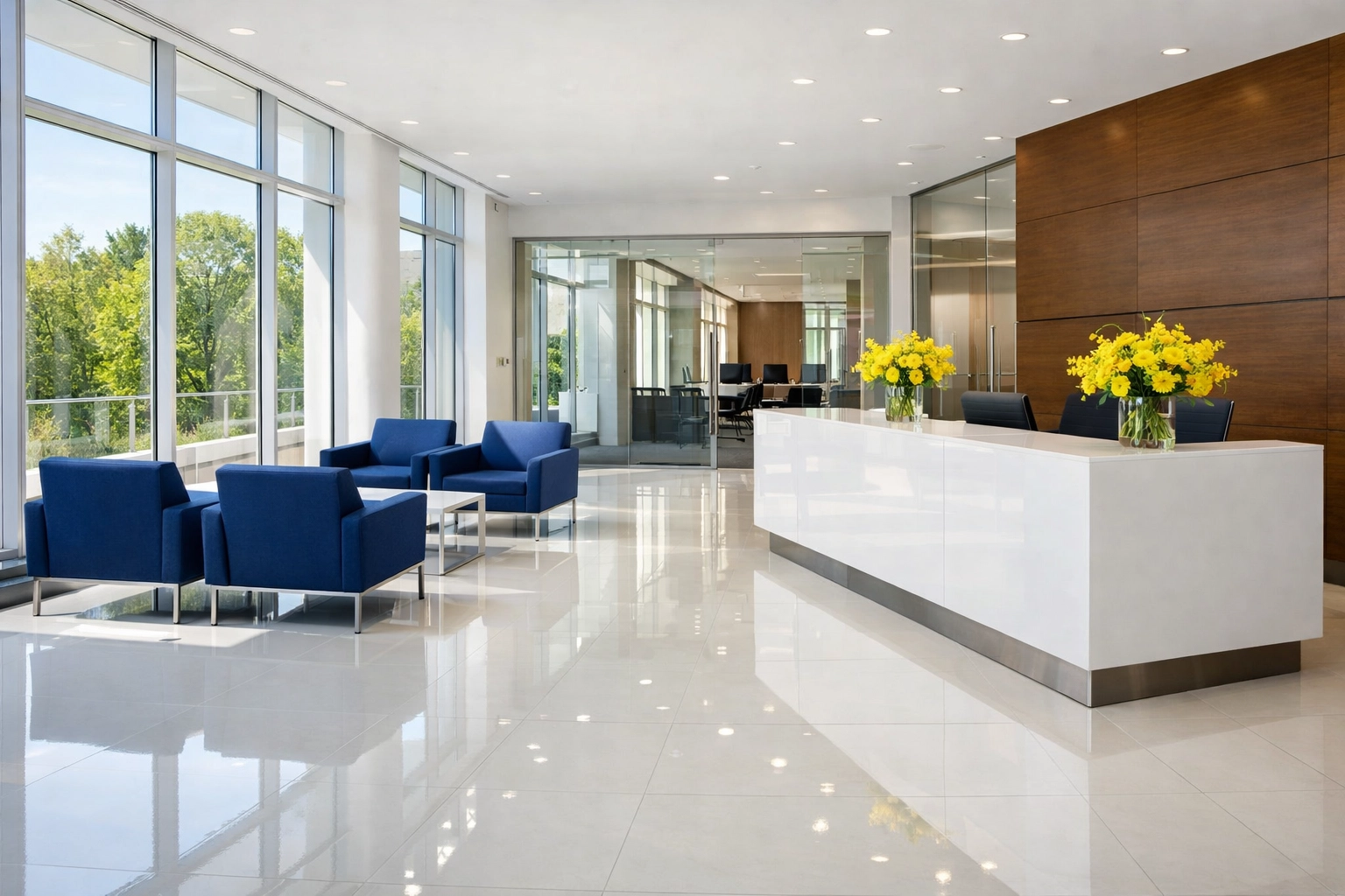 Pristine modern office lobby in Marlborough providing a safe atmosphere through professional office cleaning.