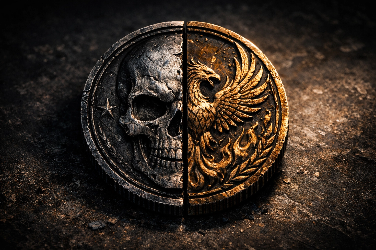 Weathered military challenge coin with skull and phoenix symbolizing veteran resilience