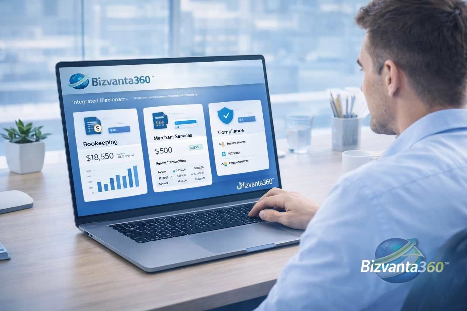 Startup founder in a bright workspace using a sleek integrated Bizvanta360™ dashboard for bookkeeping, compliance, and merchant services; modern tech aesthetic with Bizvanta360™ logo integrated.